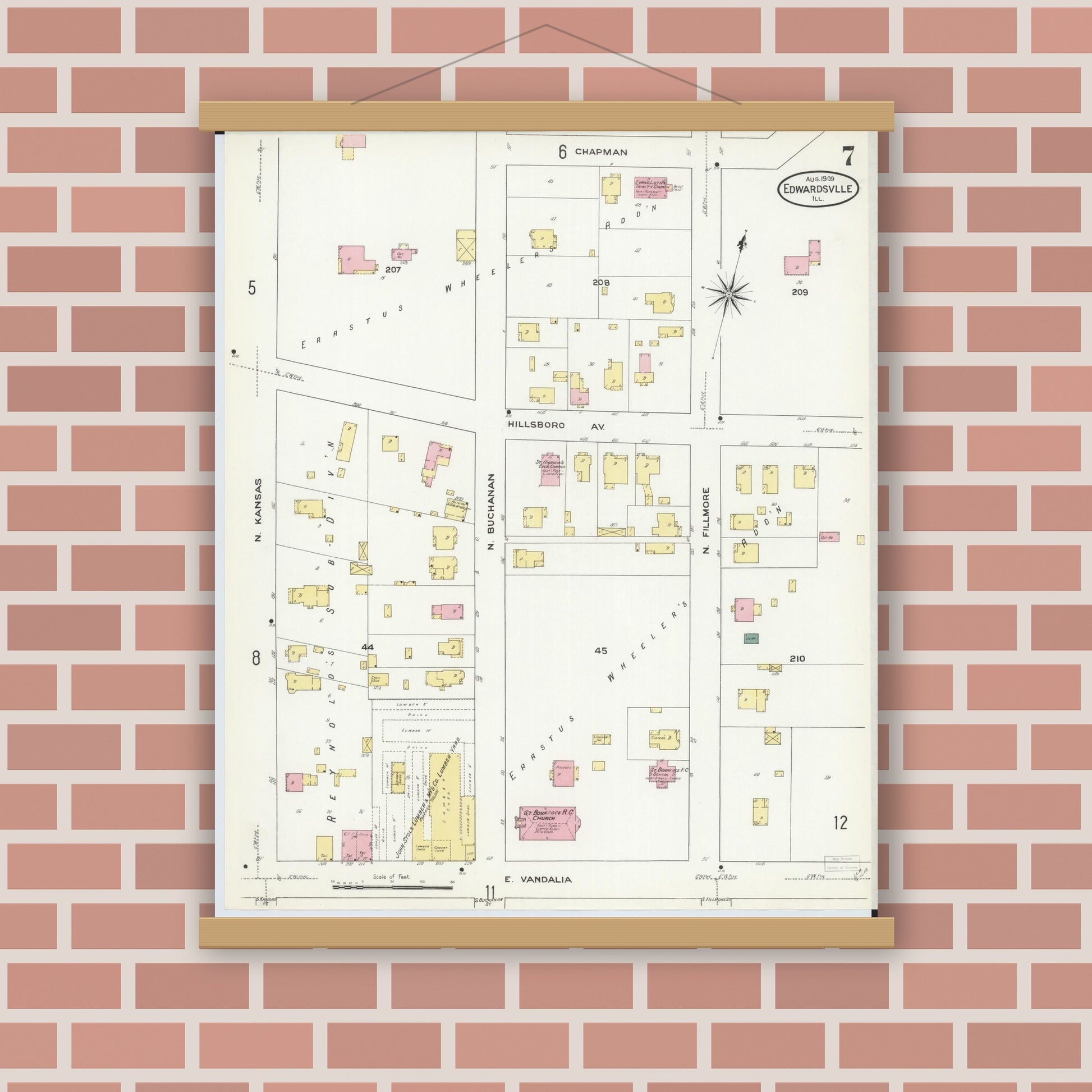 Old map wall art mockup — magnetic wood frame on brick wall — Sanborn Fire Insurance Map from Edwardsville, Madison County, Illinois (1909), Sheet #0007