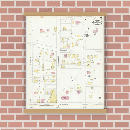 Old map wall art mockup — magnetic wood frame on brick wall — Sanborn Fire Insurance Map from Edwardsville, Madison County, Illinois (1909), Sheet #0007