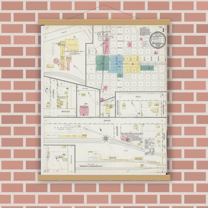 Old map wall art mockup — magnetic wood frame on brick wall — Sanborn Fire Insurance Map from Bushnell, Mcdonough County, Illinois (1893) - Complete Map Set