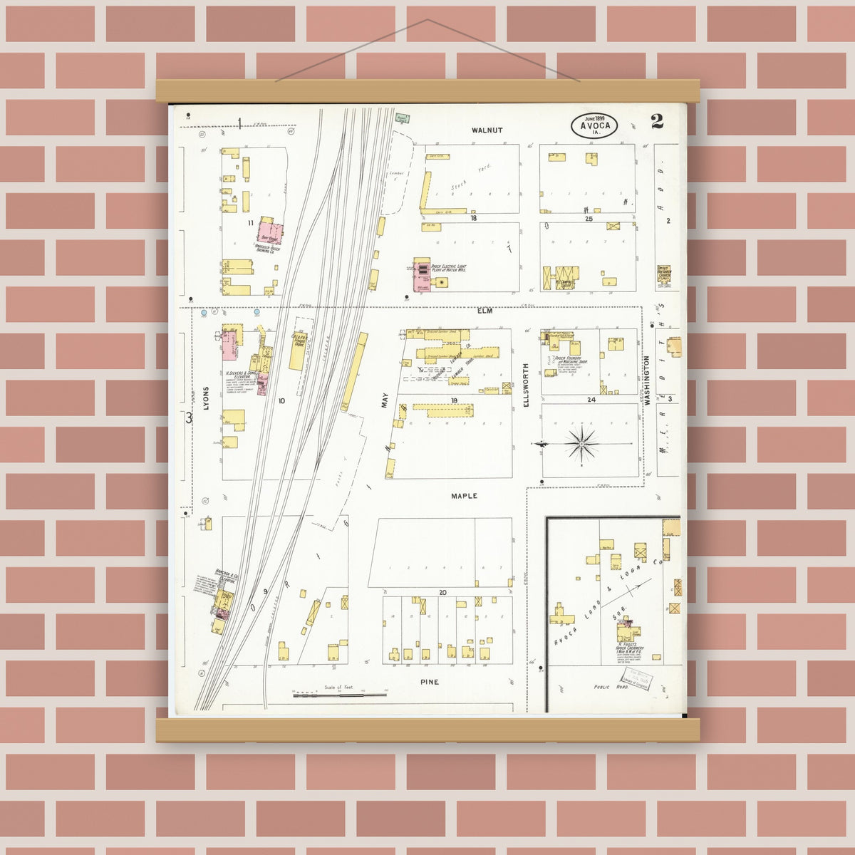 Old map wall art mockup — magnetic wood frame on brick wall — Sanborn Fire Insurance Map from Avoca, Pottawattamie County, Iowa (1899), Sheet #0002