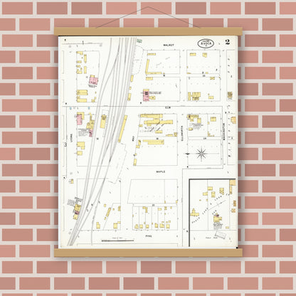 Old map wall art mockup — magnetic wood frame on brick wall — Sanborn Fire Insurance Map from Avoca, Pottawattamie County, Iowa (1899), Sheet #0002