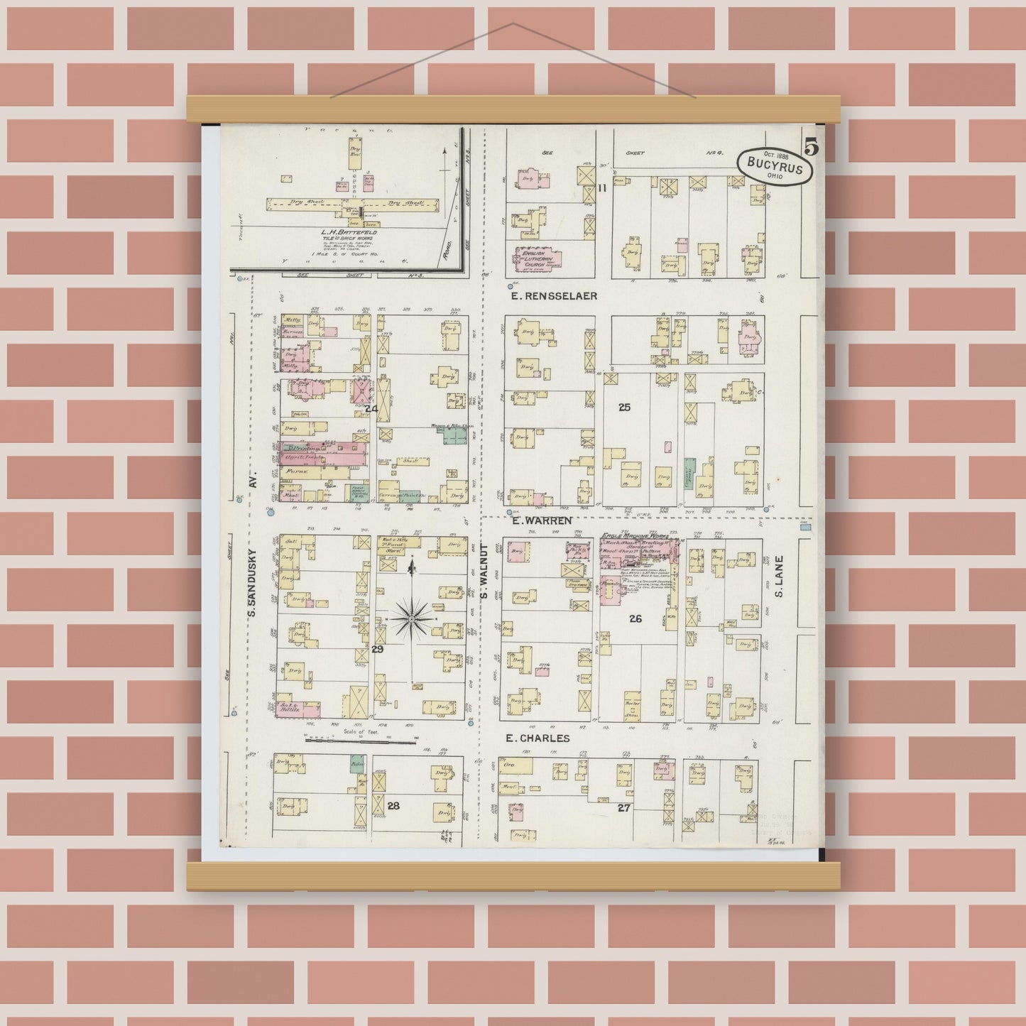 Old map wall art mockup — magnetic wood frame on brick wall — Sanborn Fire Insurance Map from Bucyrus, Crawford County, Ohio (1888), Sheet #0005