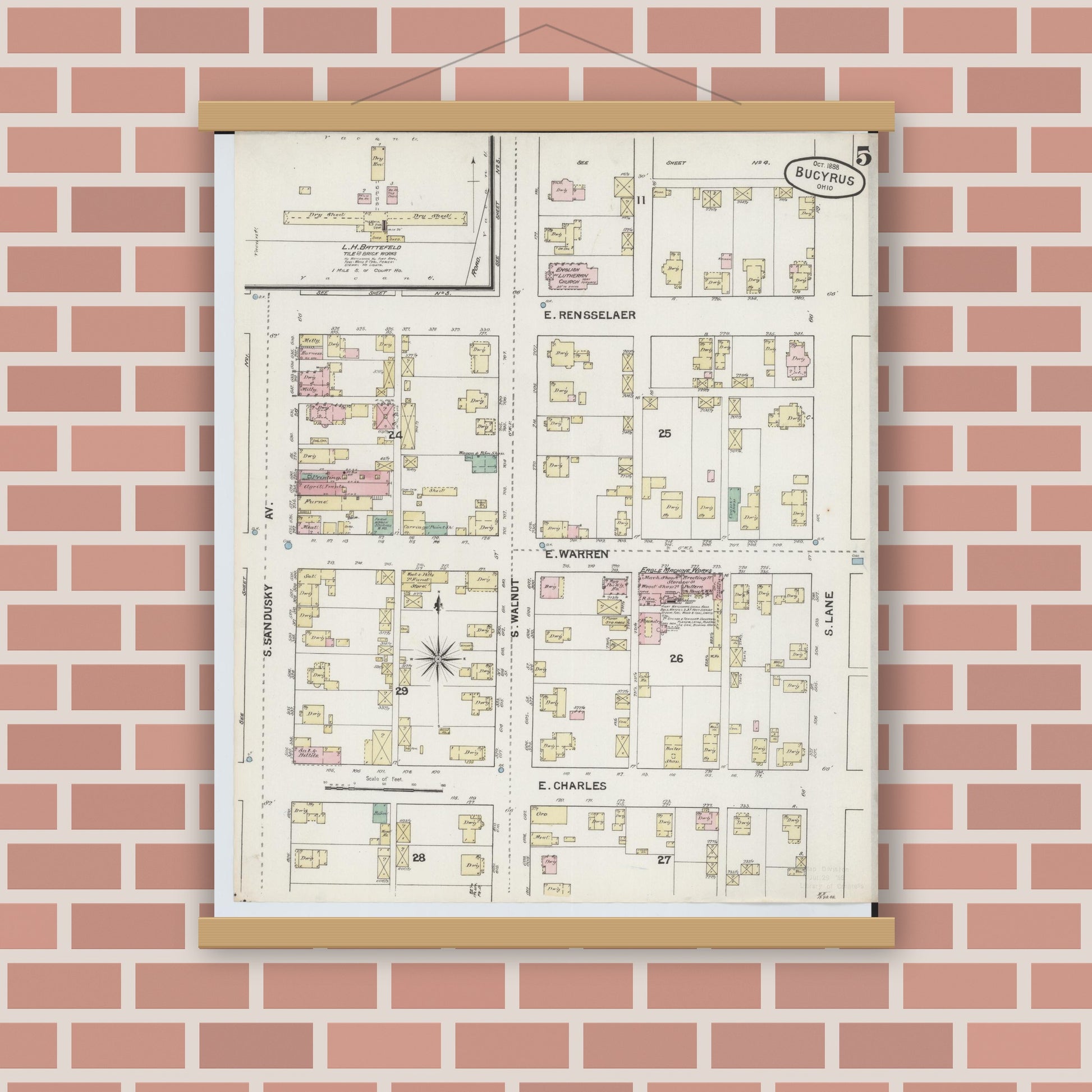 Old map wall art mockup — magnetic wood frame on brick wall — Sanborn Fire Insurance Map from Bucyrus, Crawford County, Ohio (1888), Sheet #0005