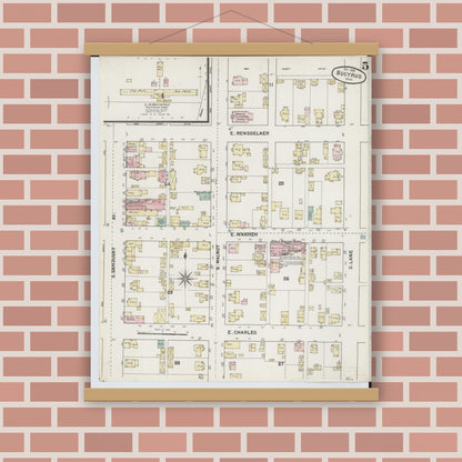 Old map wall art mockup — magnetic wood frame on brick wall — Sanborn Fire Insurance Map from Bucyrus, Crawford County, Ohio (1888), Sheet #0005