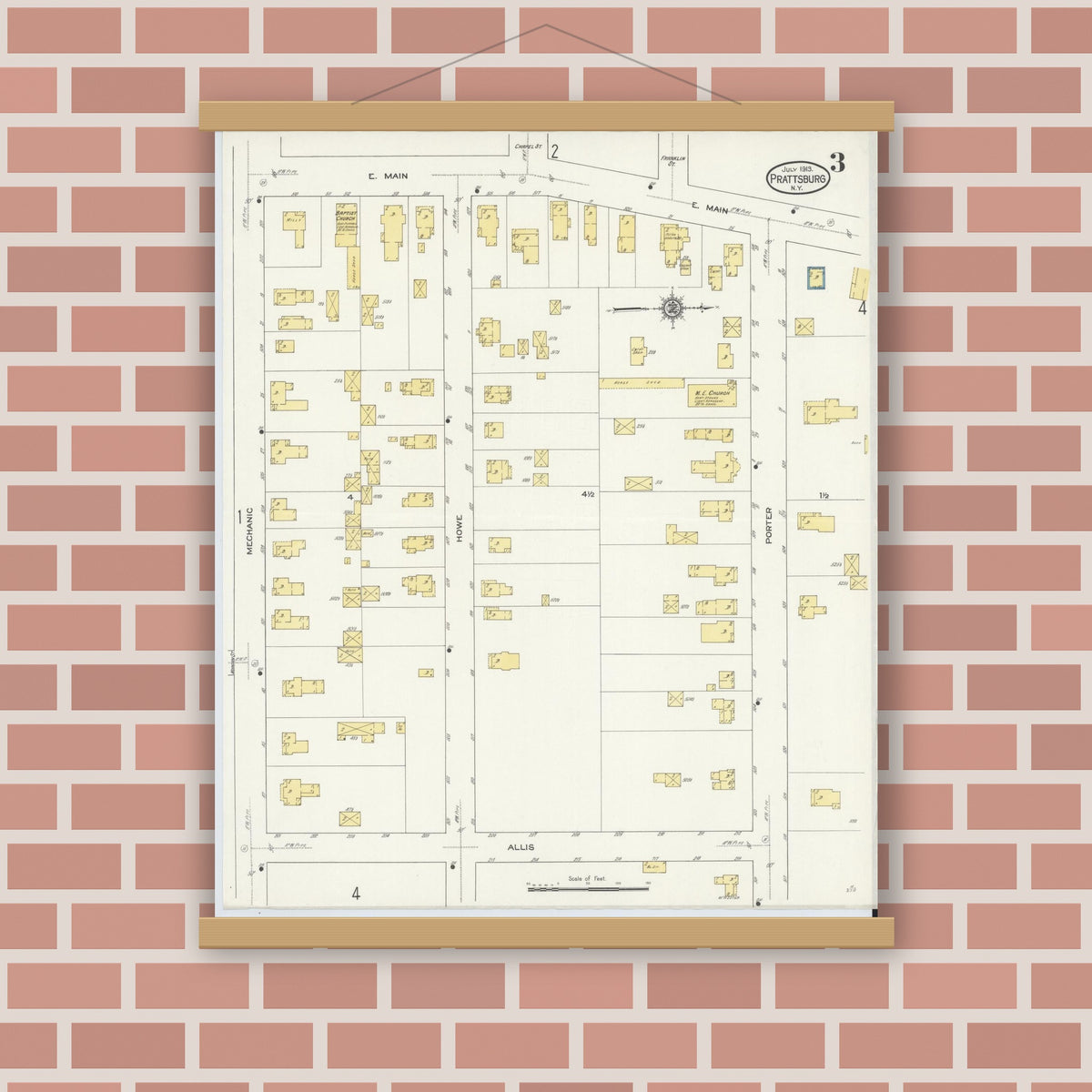 Old map wall art mockup — magnetic wood frame on brick wall — Sanborn Fire Insurance Map from Prattsburgh, Steuben County, New York (1913), Sheet #0003