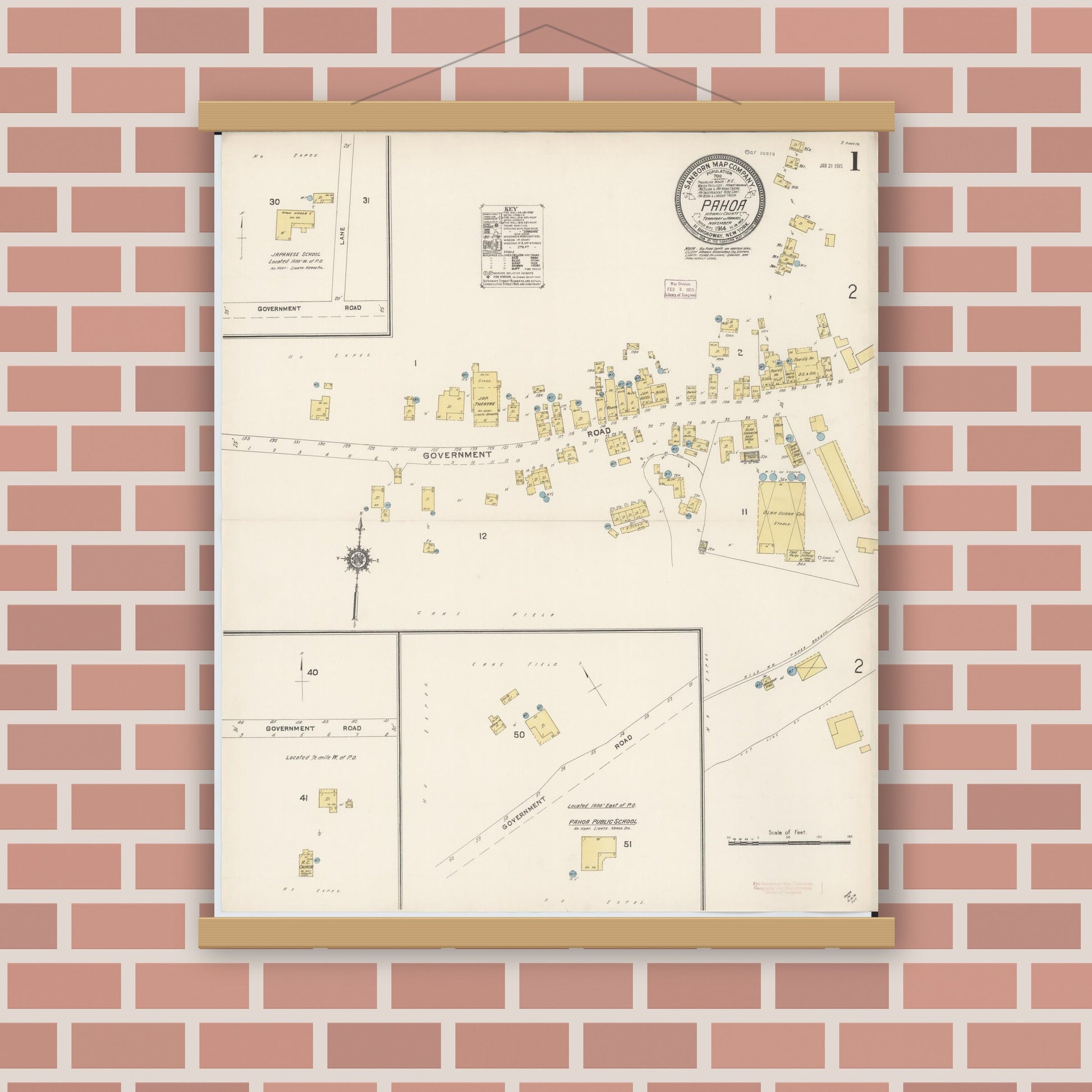 Old map wall art mockup — magnetic wood frame on brick wall — Sanborn Fire Insurance Map from Pahoa, Hawaii County, Hawaii (1914), Sheet #0001