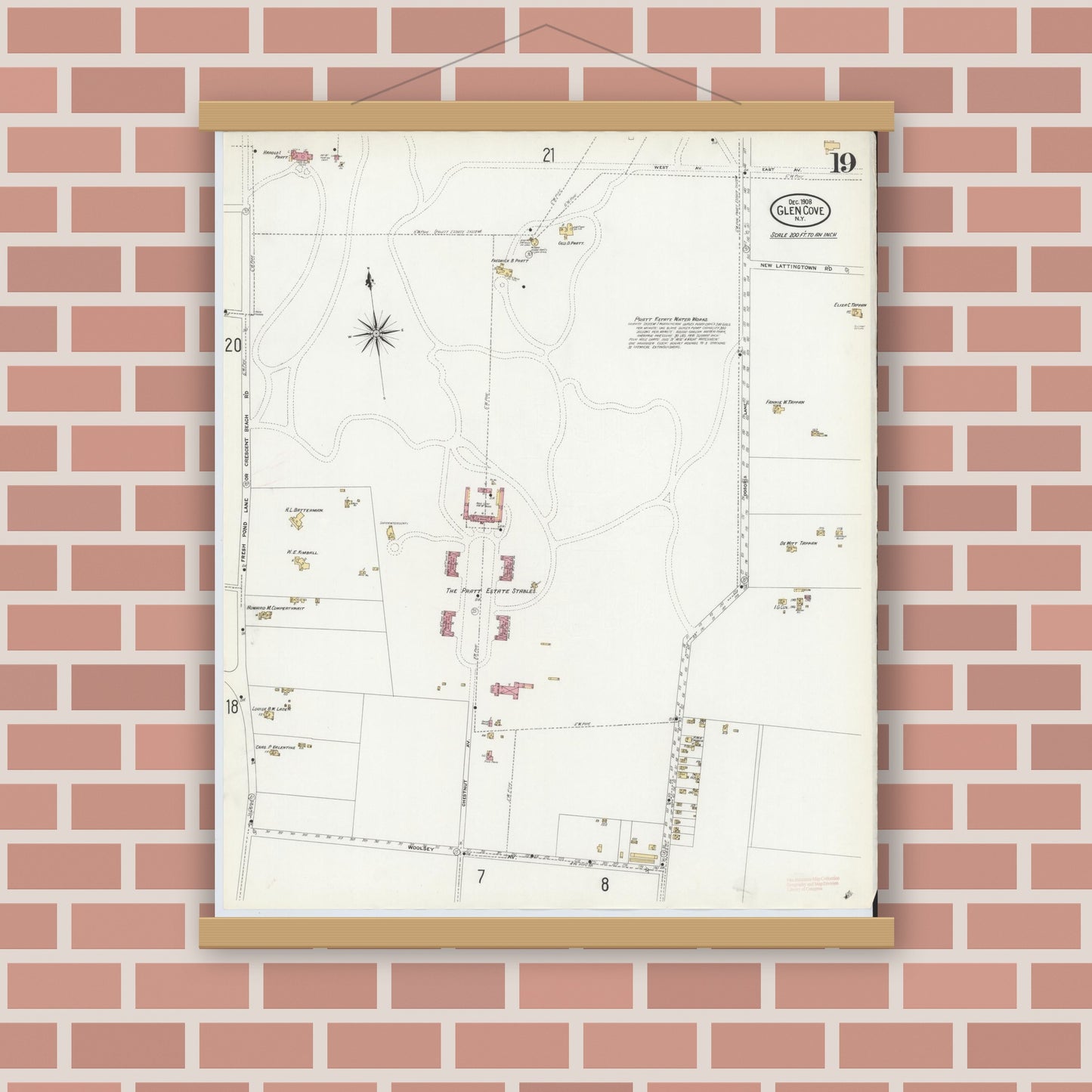 Old map wall art mockup — magnetic wood frame on brick wall — Sanborn Fire Insurance Map from Glen Cove, Nassau County, New York (1908), Sheet #0019