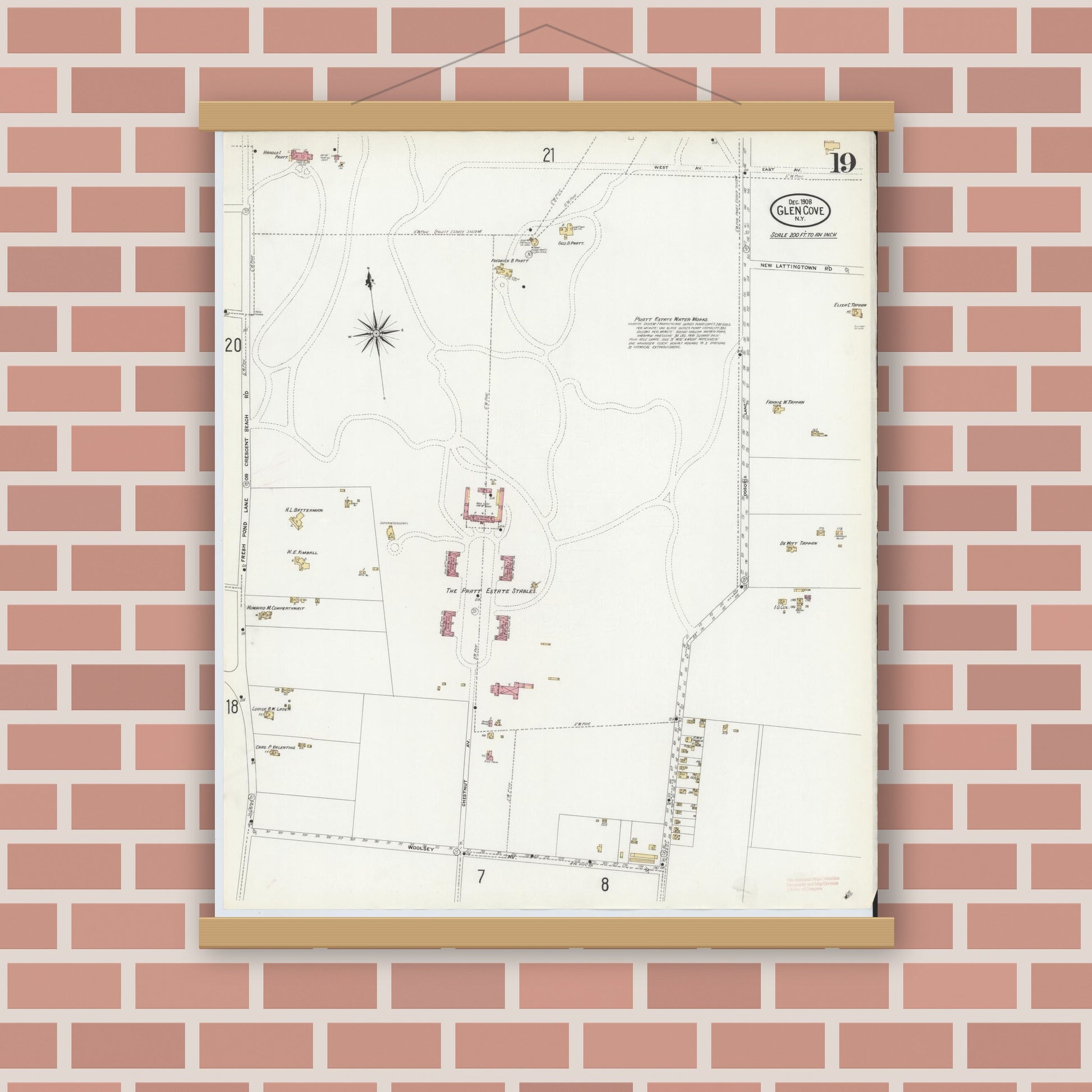 Old map wall art mockup — magnetic wood frame on brick wall — Sanborn Fire Insurance Map from Glen Cove, Nassau County, New York (1908), Sheet #0019