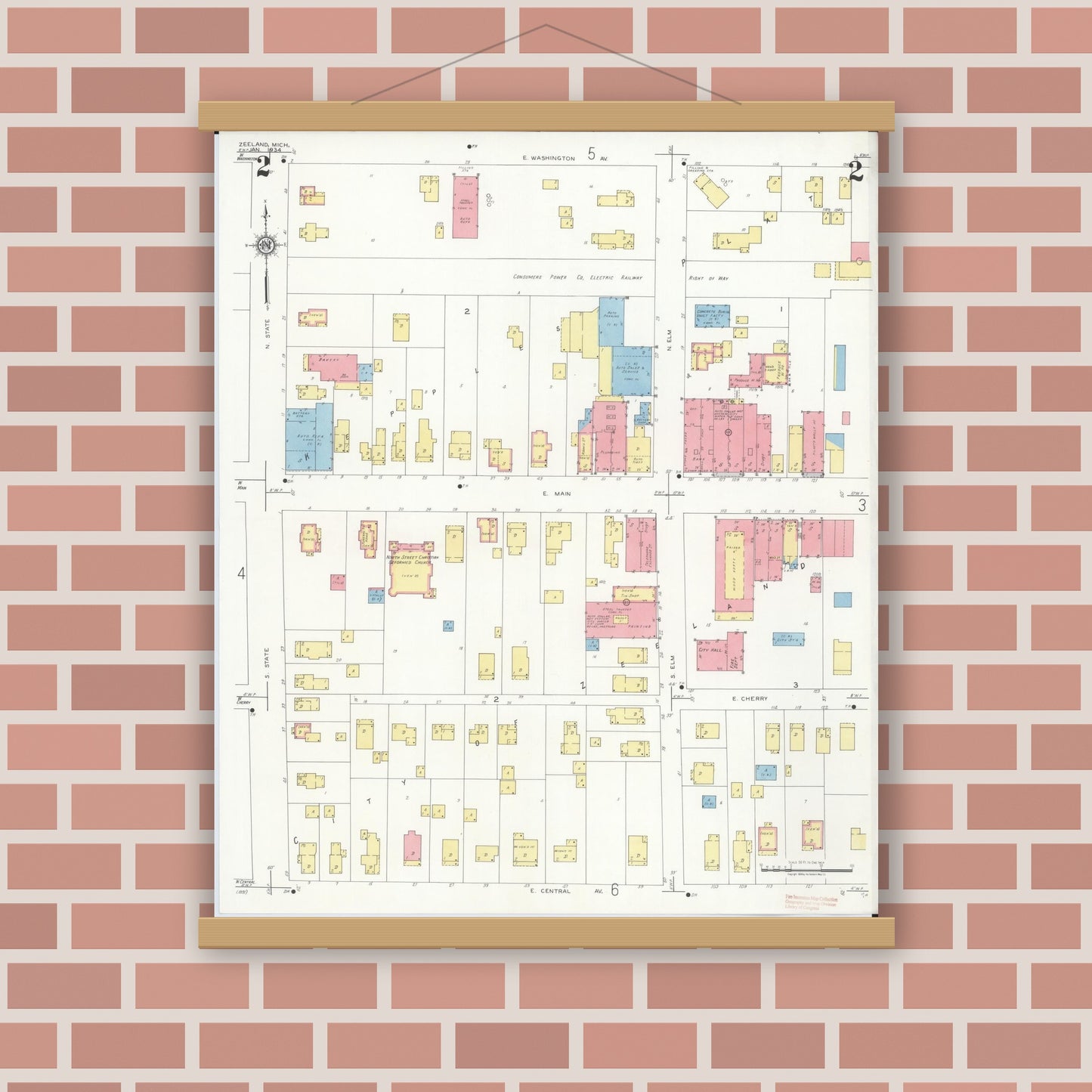 Old map wall art mockup — magnetic wood frame on brick wall — Sanborn Fire Insurance Map from Zeeland, Ottawa County, Michigan (1934), Sheet #0002