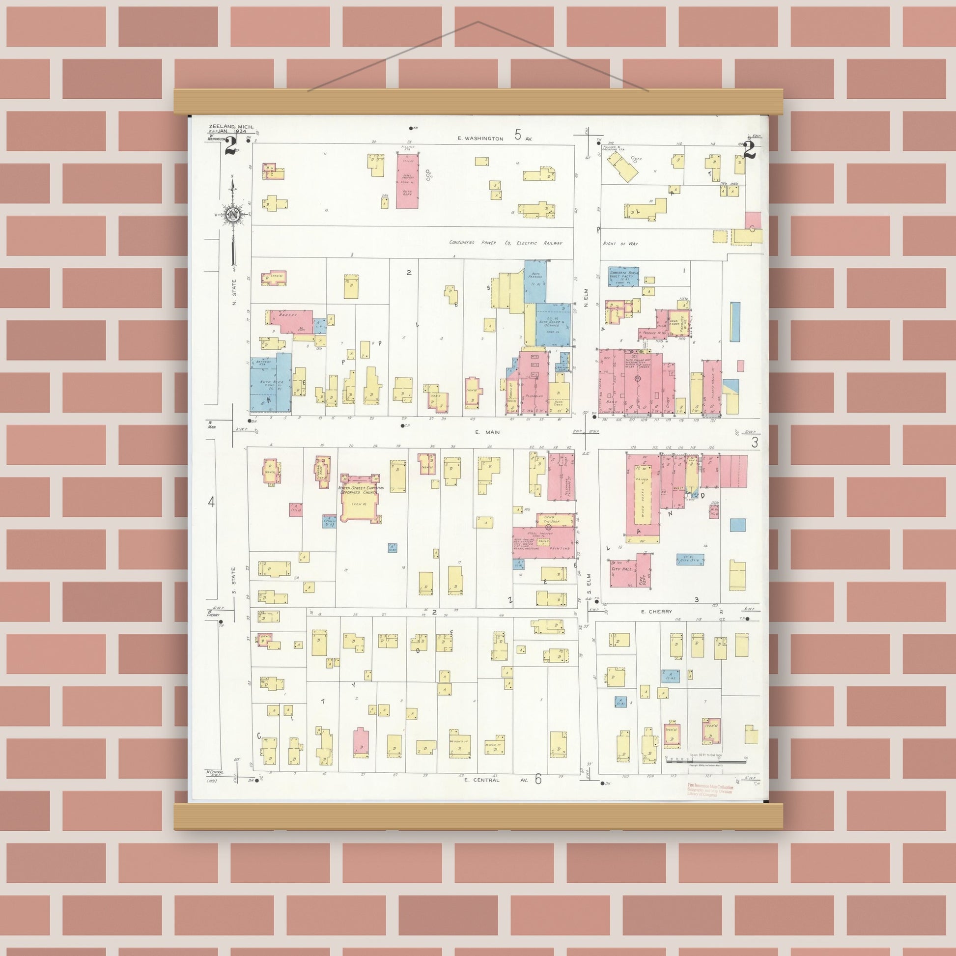 Old map wall art mockup — magnetic wood frame on brick wall — Sanborn Fire Insurance Map from Zeeland, Ottawa County, Michigan (1934), Sheet #0002