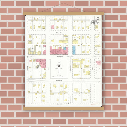 Old map wall art mockup — magnetic wood frame on brick wall — Sanborn Fire Insurance Map from Prairie City, Jasper County, Iowa (1916), Sheet #0002