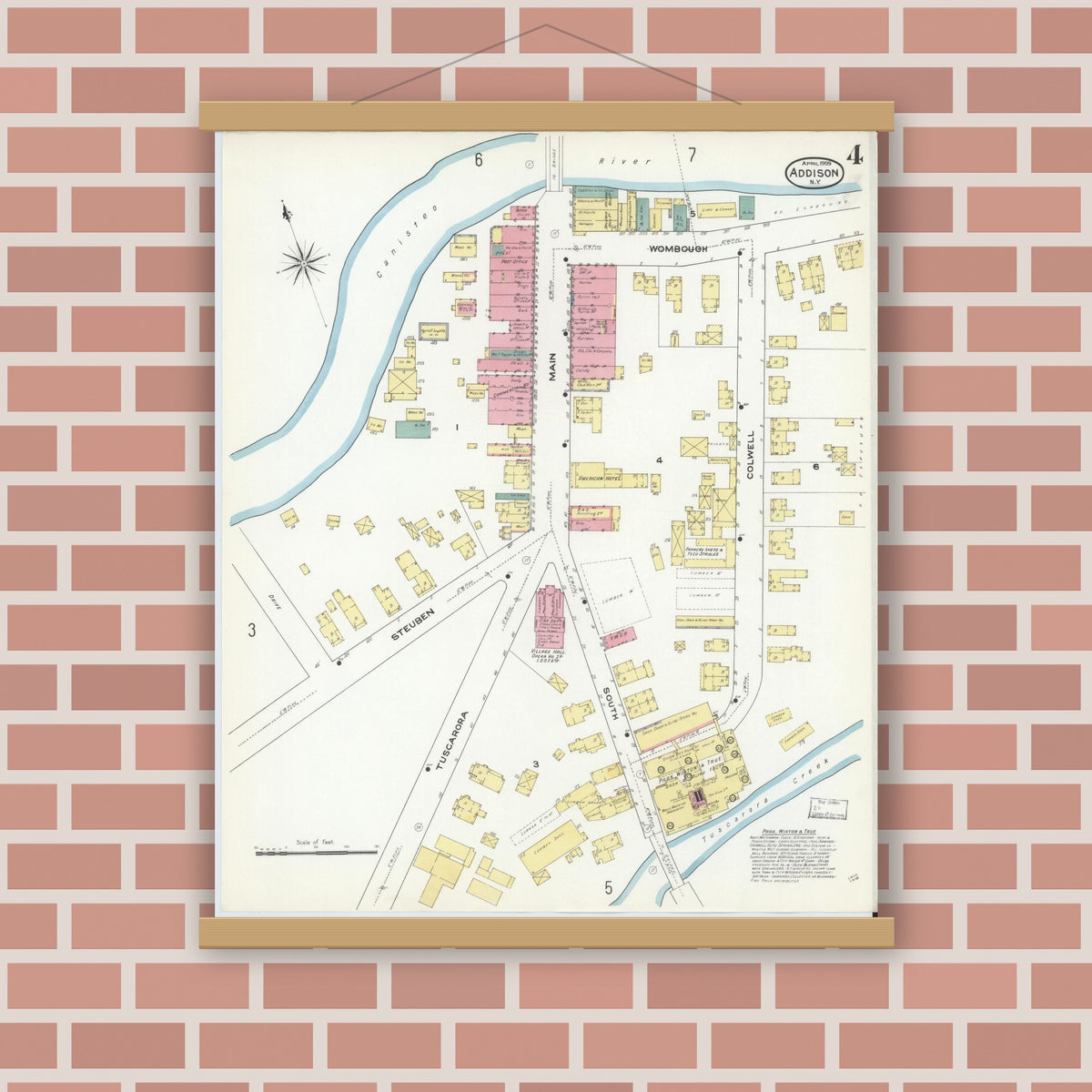 Old map wall art mockup — magnetic wood frame on brick wall — Sanborn Fire Insurance Map from Addison, Steuben County, New York (1909), Sheet #0004