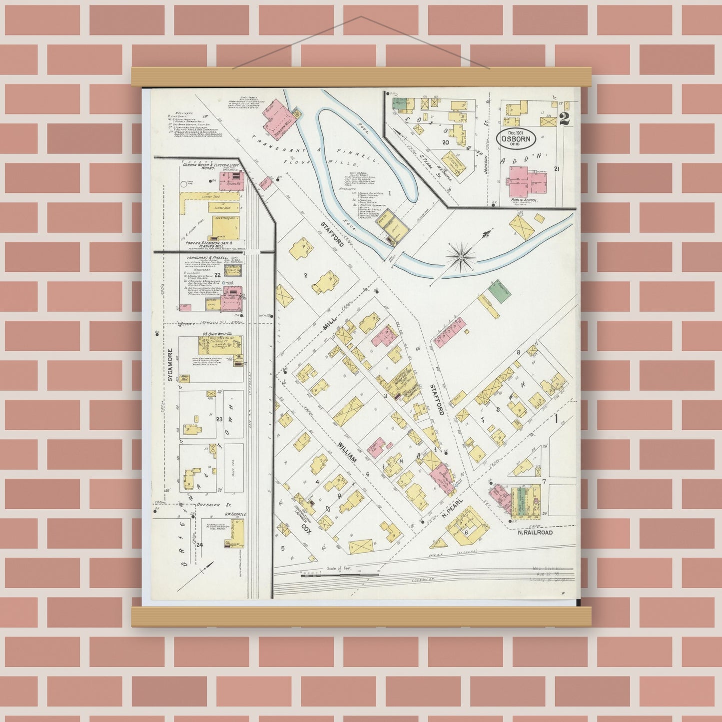 Old map wall art mockup — magnetic wood frame on brick wall — Sanborn Fire Insurance Map from Osborn, Greene County, Ohio (1901), Sheet #0002