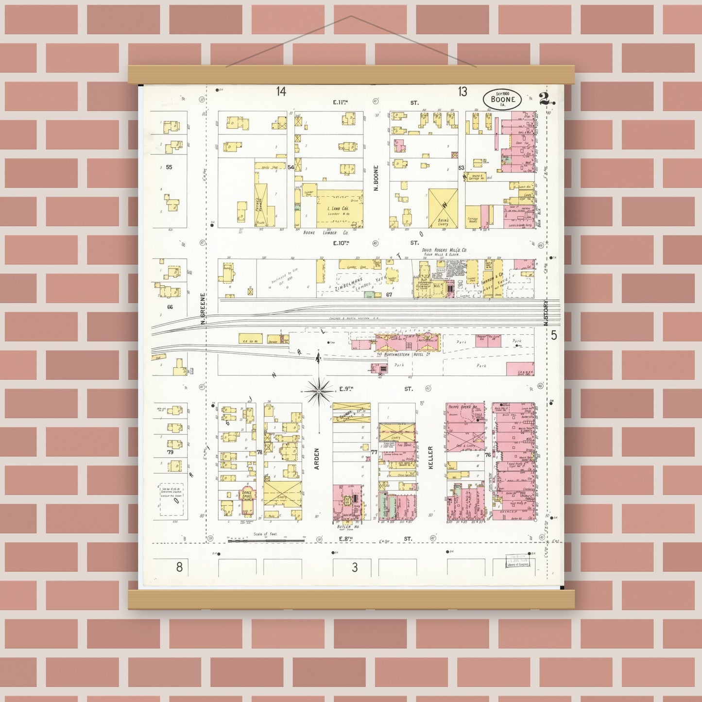 Old map wall art mockup — magnetic wood frame on brick wall — Sanborn Fire Insurance Map from Boone, Boone County, Iowa (1900), Sheet #0002