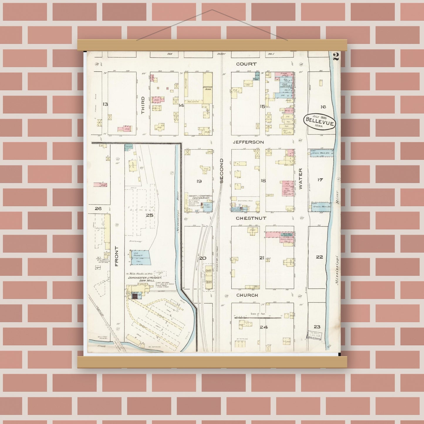 Old map wall art mockup — magnetic wood frame on brick wall — Sanborn Fire Insurance Map from Bellevue, Jackson County, Iowa (1885), Sheet #0002