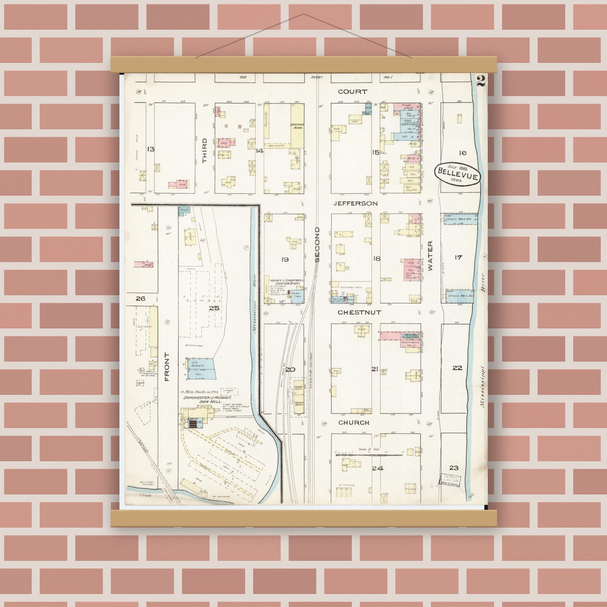 Old map wall art mockup — magnetic wood frame on brick wall — Sanborn Fire Insurance Map from Bellevue, Jackson County, Iowa (1885), Sheet #0002