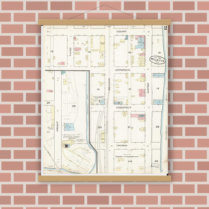 Old map wall art mockup — magnetic wood frame on brick wall — Sanborn Fire Insurance Map from Bellevue, Jackson County, Iowa (1885), Sheet #0002