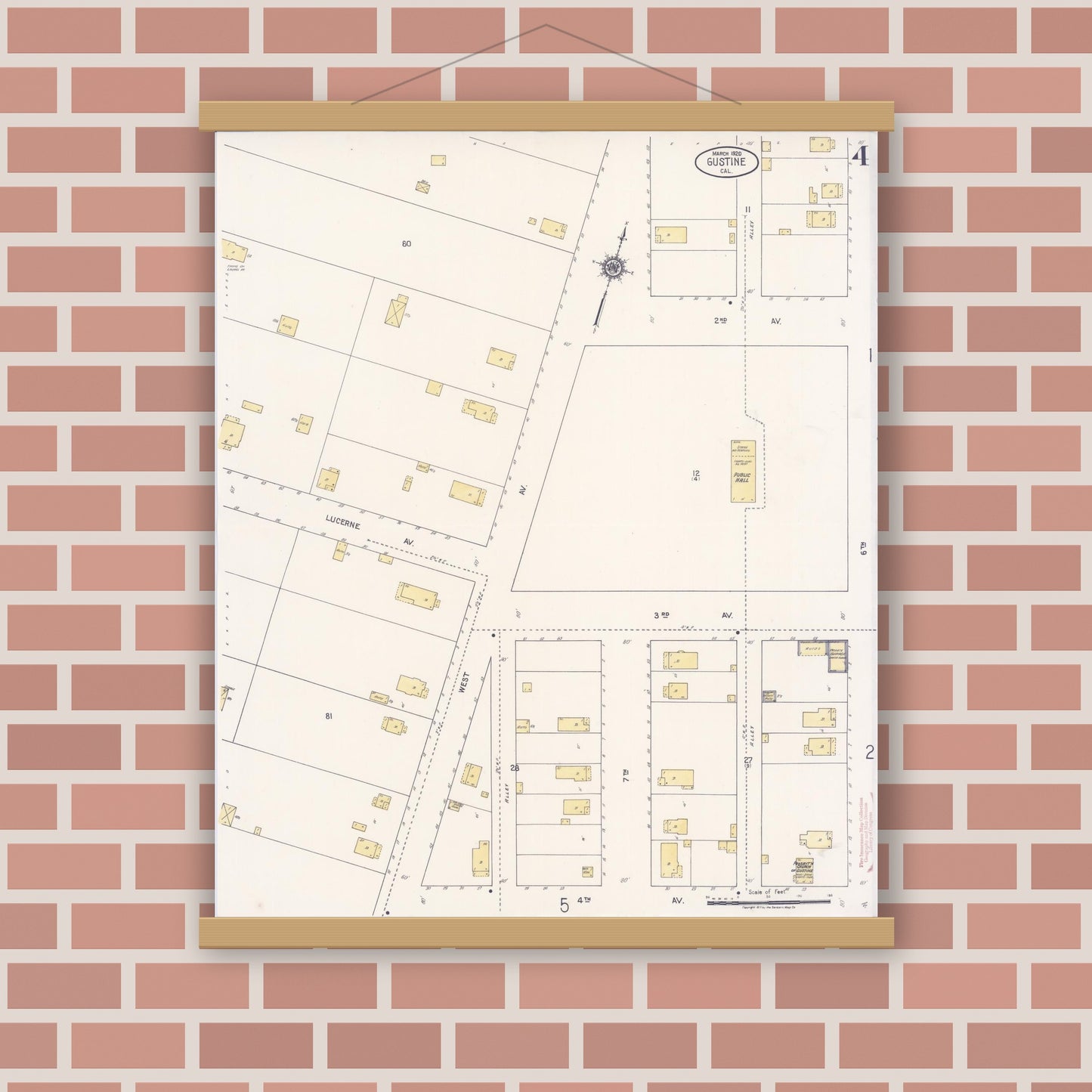 Old map wall art mockup — magnetic wood frame on brick wall — Sanborn Fire Insurance Map from Gustine, Merced County, California (1920), Sheet #0004