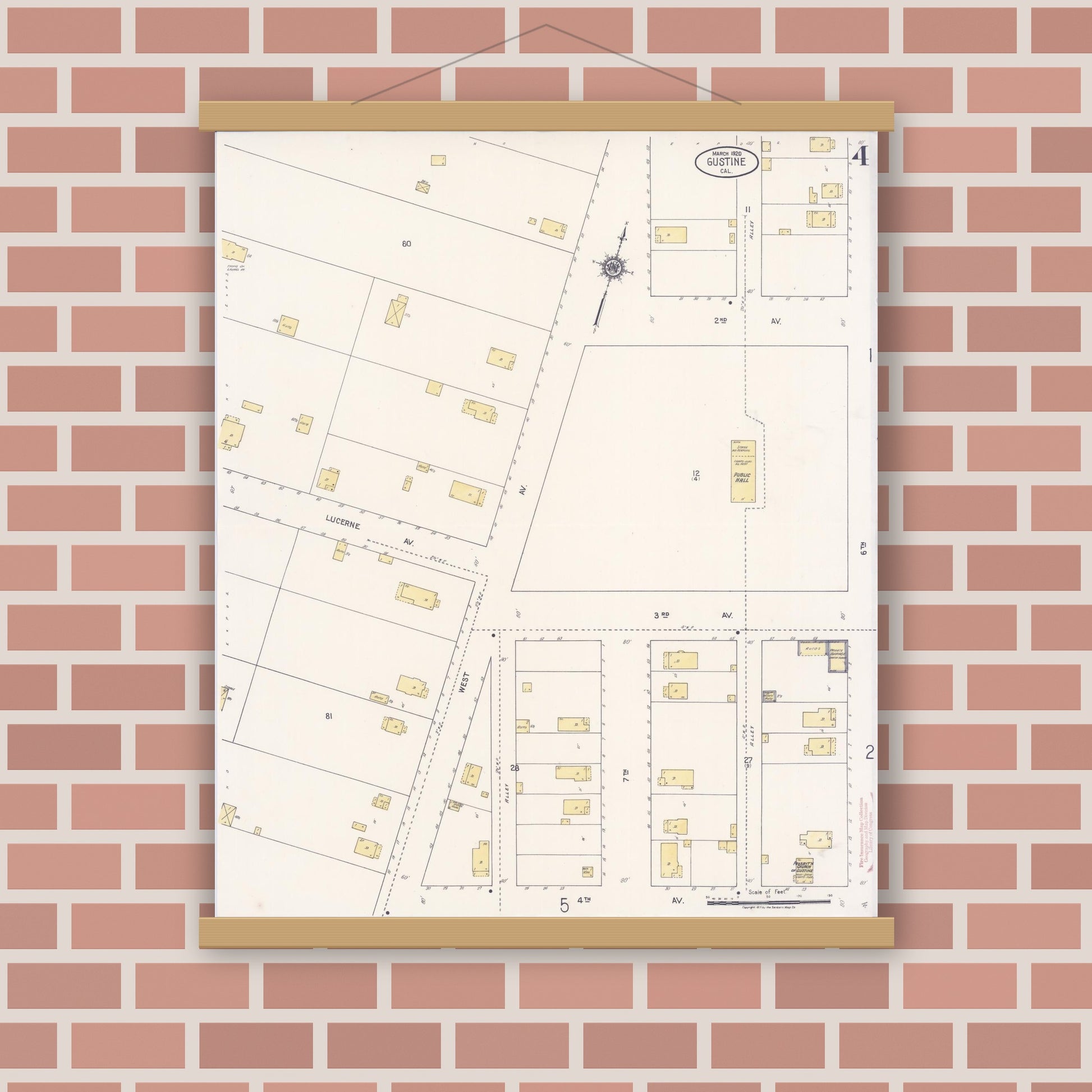 Old map wall art mockup — magnetic wood frame on brick wall — Sanborn Fire Insurance Map from Gustine, Merced County, California (1920), Sheet #0004