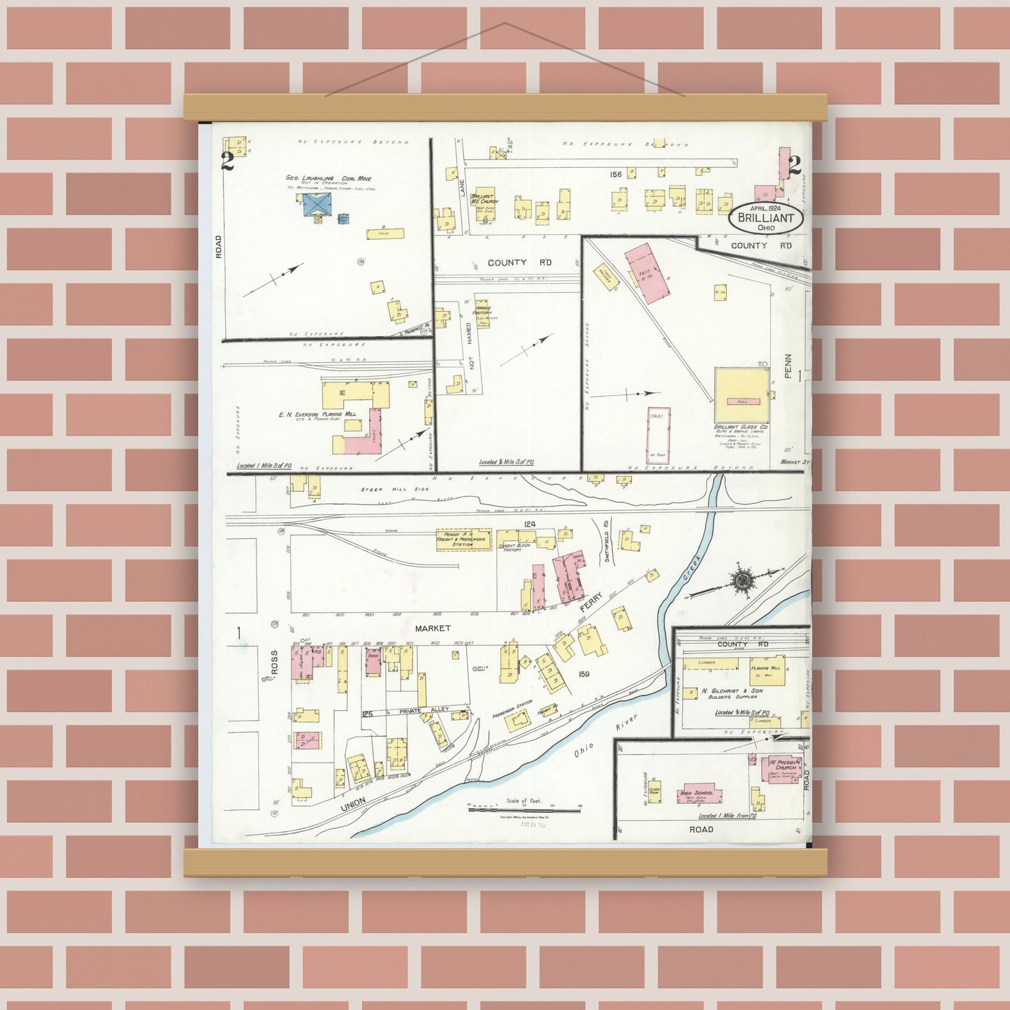 Old map wall art mockup — magnetic wood frame on brick wall — Sanborn Fire Insurance Map from Brilliant, Jefferson County, Ohio (1924), Sheet #0002