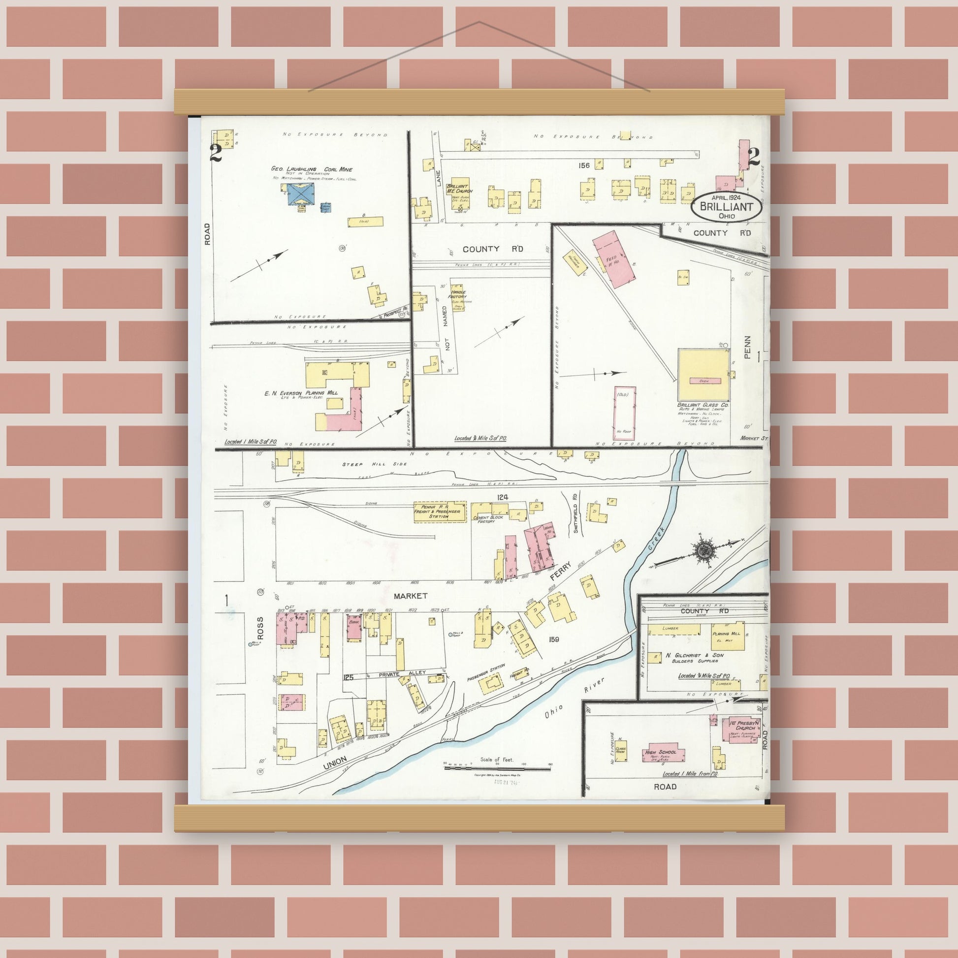 Old map wall art mockup — magnetic wood frame on brick wall — Sanborn Fire Insurance Map from Brilliant, Jefferson County, Ohio (1924), Sheet #0002