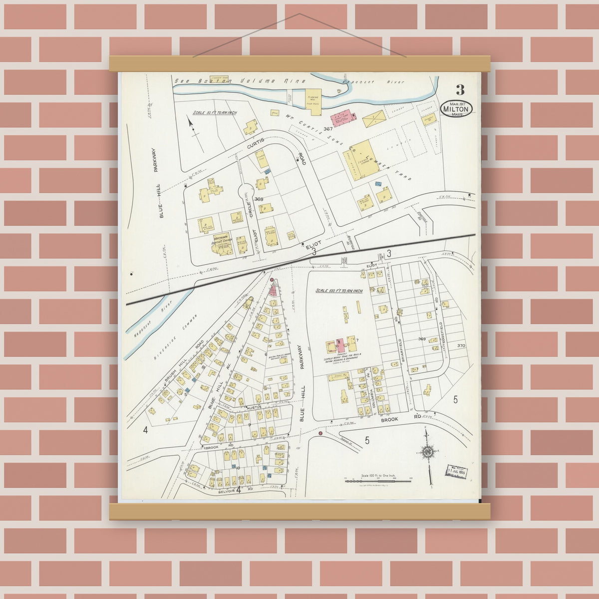 Old map wall art mockup — magnetic wood frame on brick wall — Sanborn Fire Insurance Map from Milton, Norfolk County, Massachusetts (1917), Sheet #0003