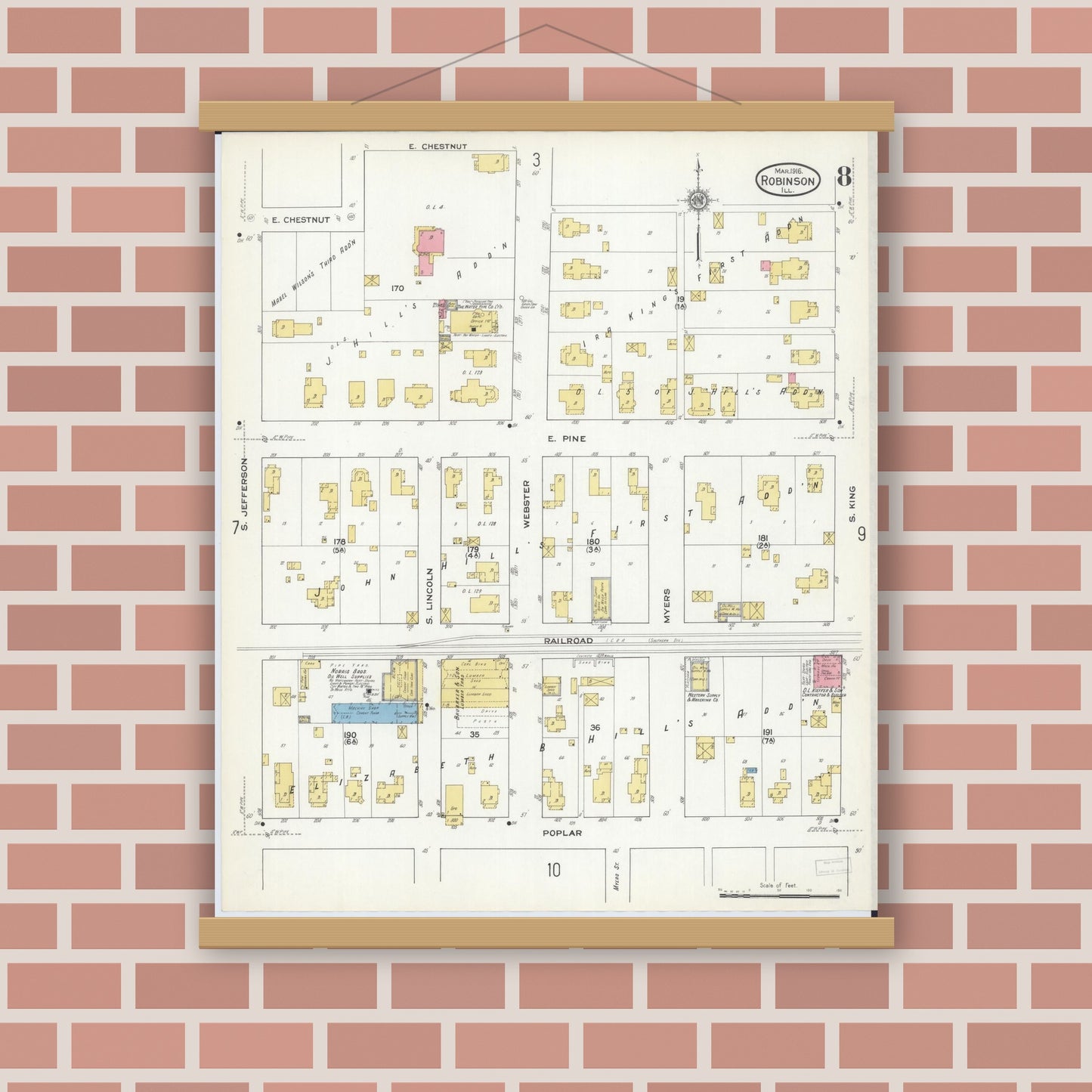 Old map wall art mockup — magnetic wood frame on brick wall — Sanborn Fire Insurance Map from Robinson, Crawford County, Illinois (1916), Sheet #0008