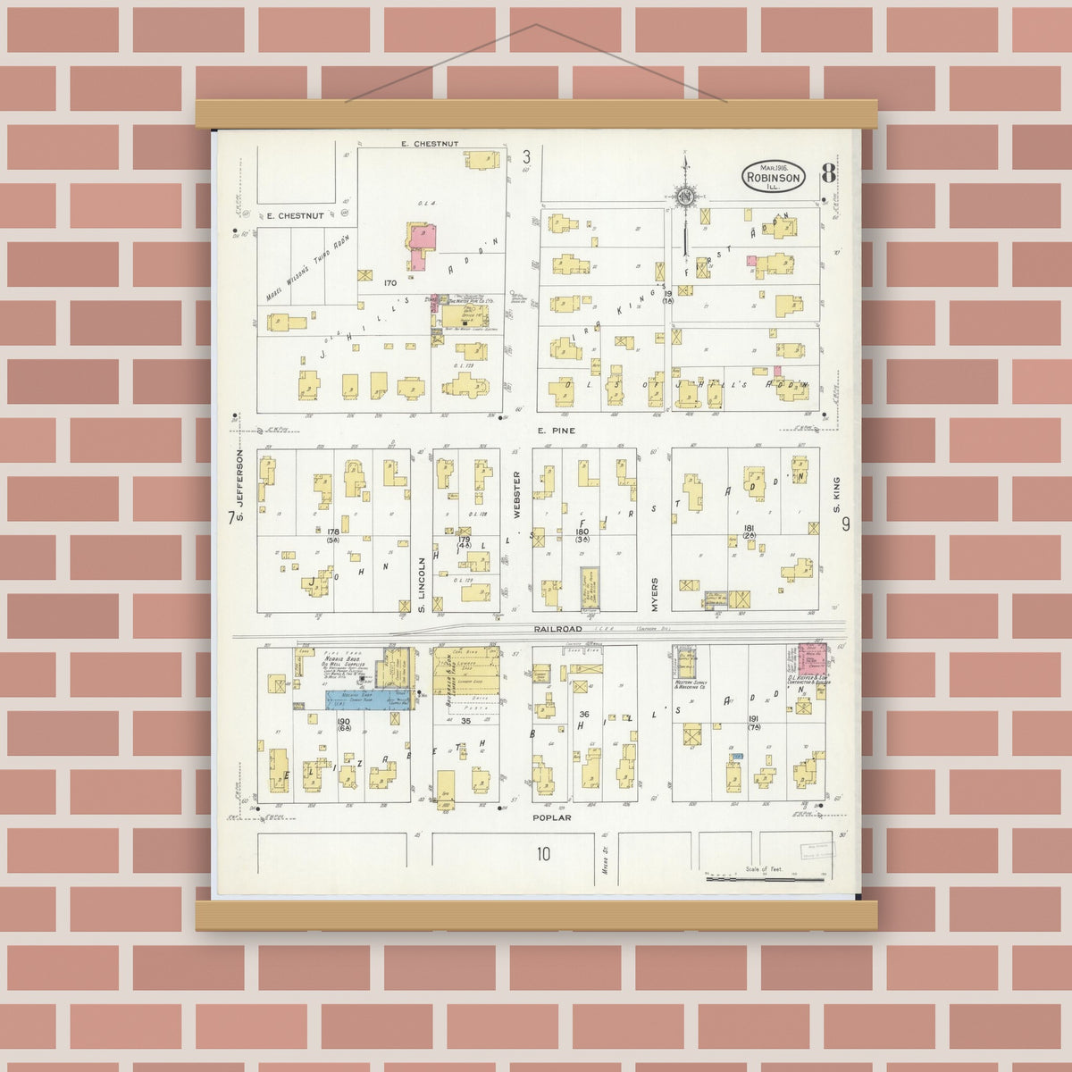 Old map wall art mockup — magnetic wood frame on brick wall — Sanborn Fire Insurance Map from Robinson, Crawford County, Illinois (1916), Sheet #0008