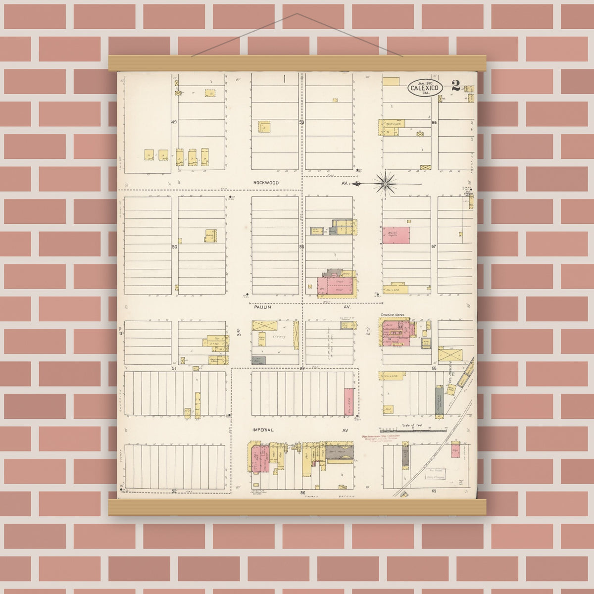 Old map wall art mockup — magnetic wood frame on brick wall — Sanborn Fire Insurance Map from Calexico, Imperial County, California (1910), Sheet #0002
