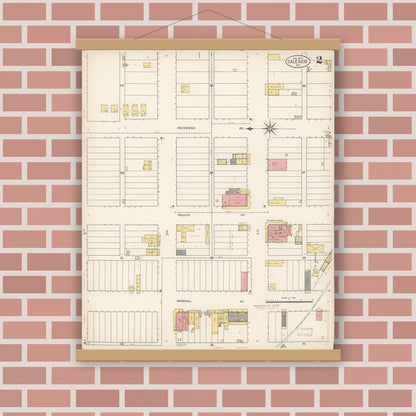 Old map wall art mockup — magnetic wood frame on brick wall — Sanborn Fire Insurance Map from Calexico, Imperial County, California (1910), Sheet #0002