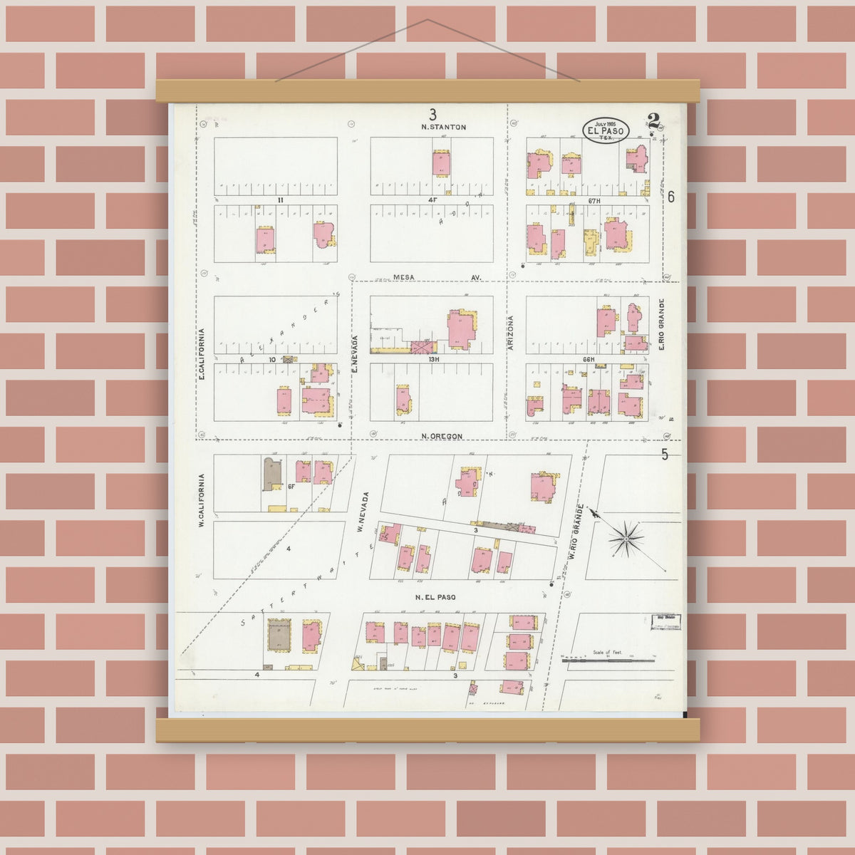 Old map wall art mockup — magnetic wood frame on brick wall — Sanborn Fire Insurance Map from El Paso, El Paso County, Texas (1905), Sheet #0002