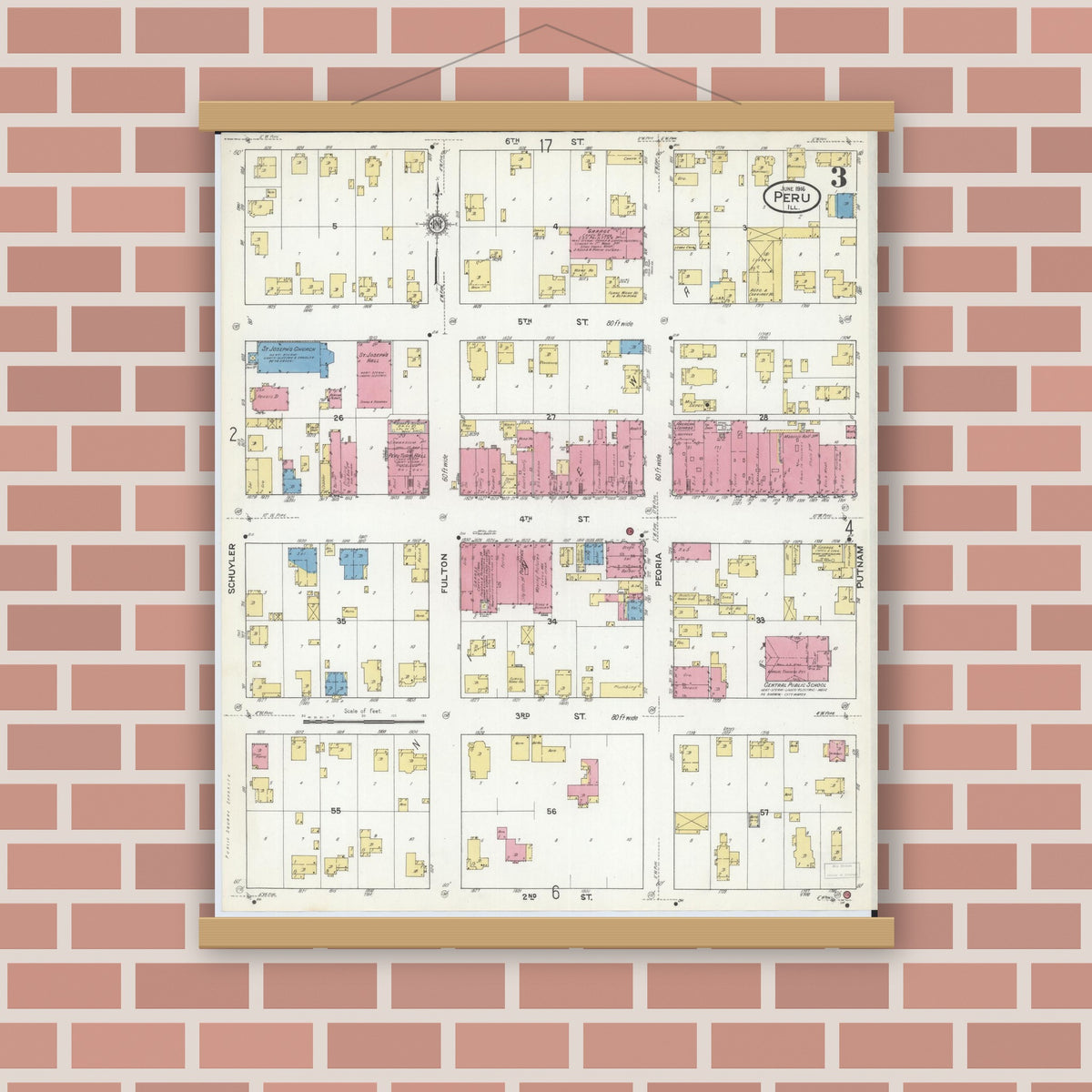 Old map wall art mockup — magnetic wood frame on brick wall — Sanborn Fire Insurance Map from Peru, La Salle County, Illinois (1916), Sheet #0003