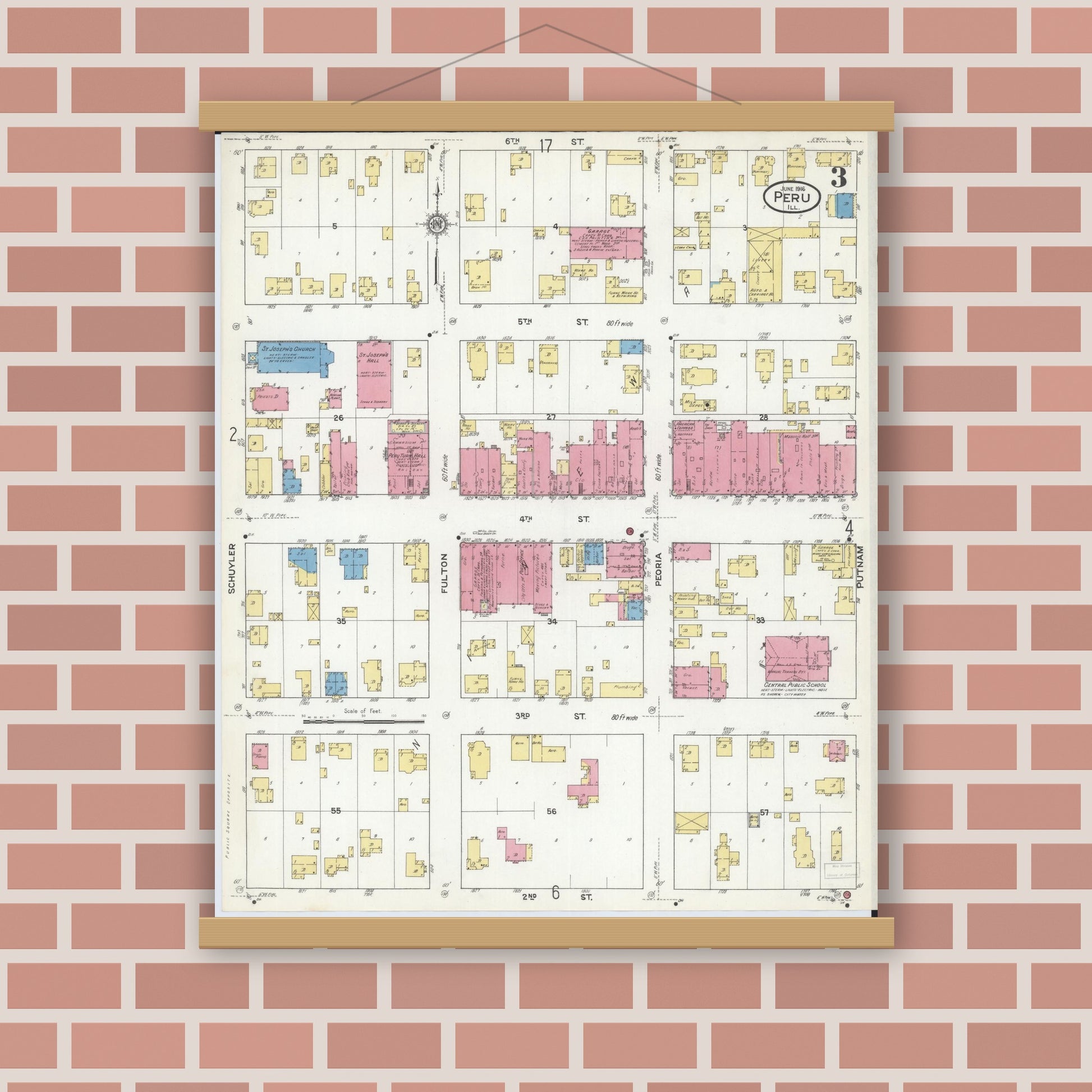 Old map wall art mockup — magnetic wood frame on brick wall — Sanborn Fire Insurance Map from Peru, La Salle County, Illinois (1916), Sheet #0003