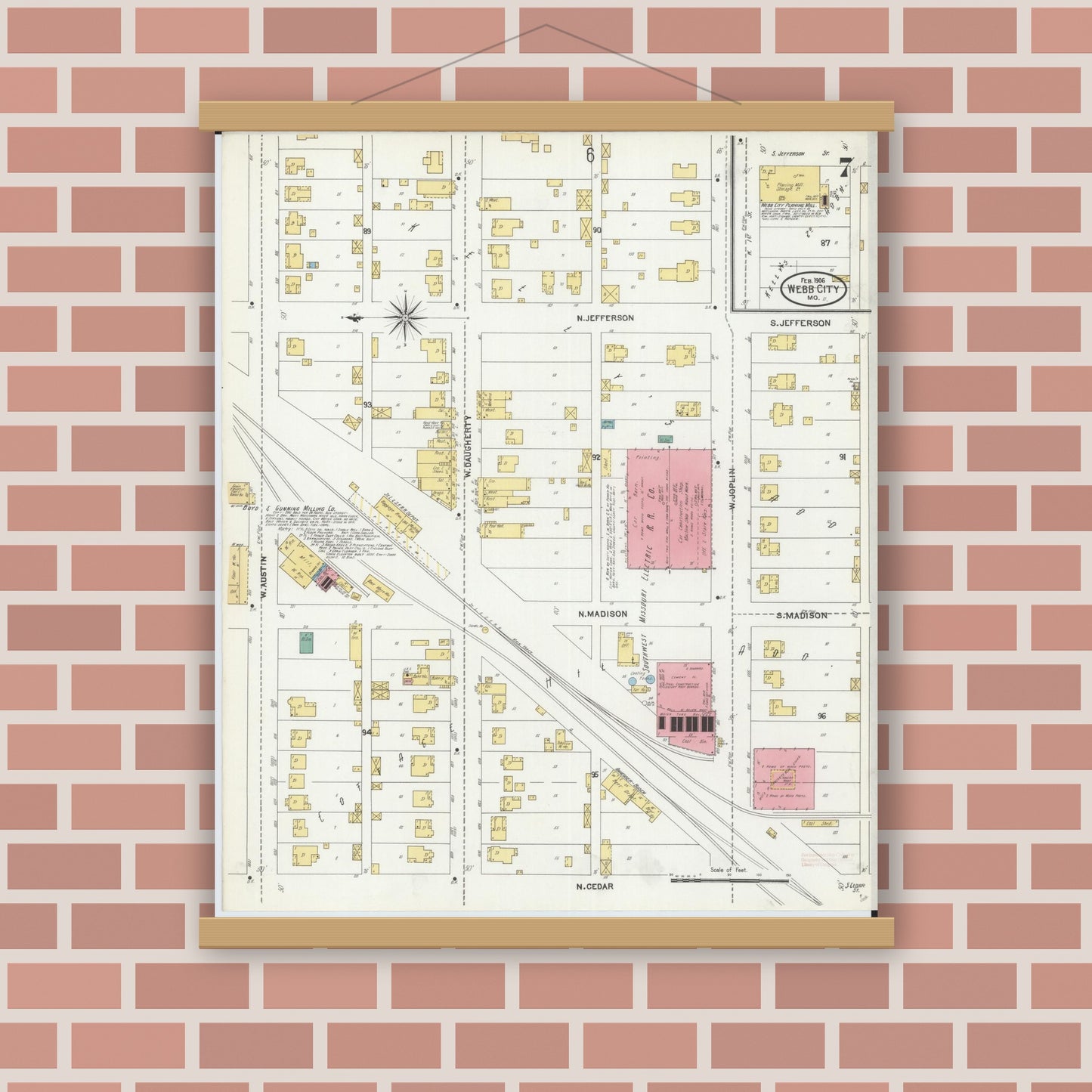 Old map wall art mockup — magnetic wood frame on brick wall — Sanborn Fire Insurance Map from Webb City, Jasper County, Missouri (1906), Sheet #0007