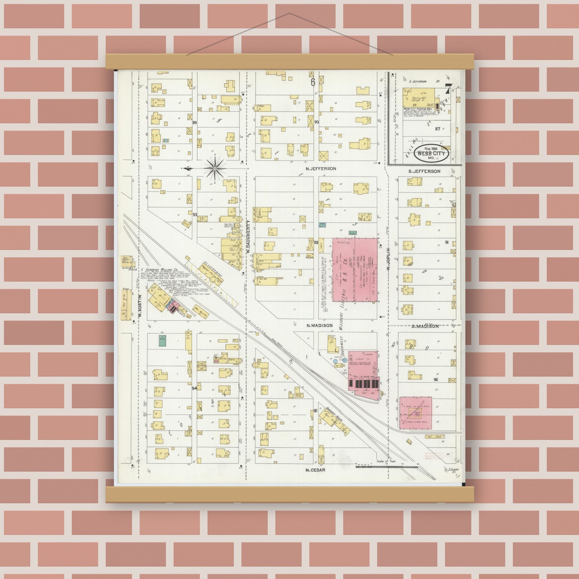 Old map wall art mockup — magnetic wood frame on brick wall — Sanborn Fire Insurance Map from Webb City, Jasper County, Missouri (1906), Sheet #0007