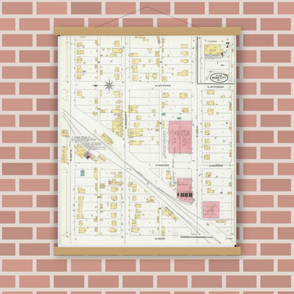 Old map wall art mockup — magnetic wood frame on brick wall — Sanborn Fire Insurance Map from Webb City, Jasper County, Missouri (1906), Sheet #0007