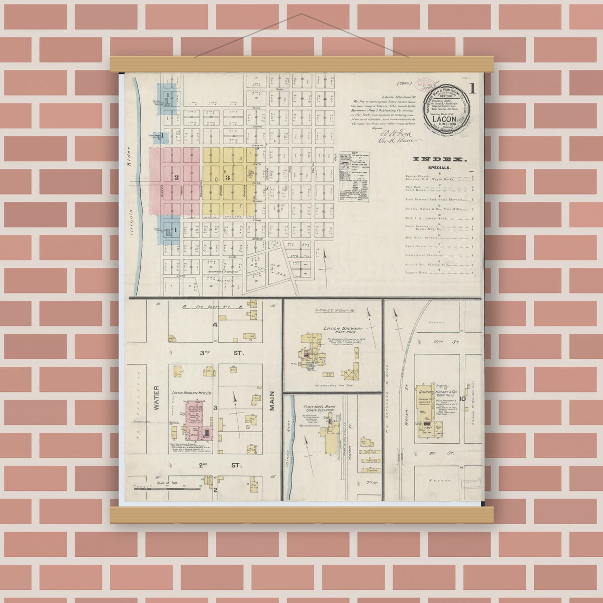 Old map wall art mockup — magnetic wood frame on brick wall — Sanborn Fire Insurance Map from Lacon, Marshall County, Illinois (1888) - Complete Map Set