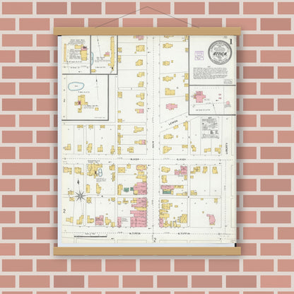 Old map wall art mockup — magnetic wood frame on brick wall — Sanborn Fire Insurance Map from Attica, Seneca County, Ohio (1904), Sheet #0001