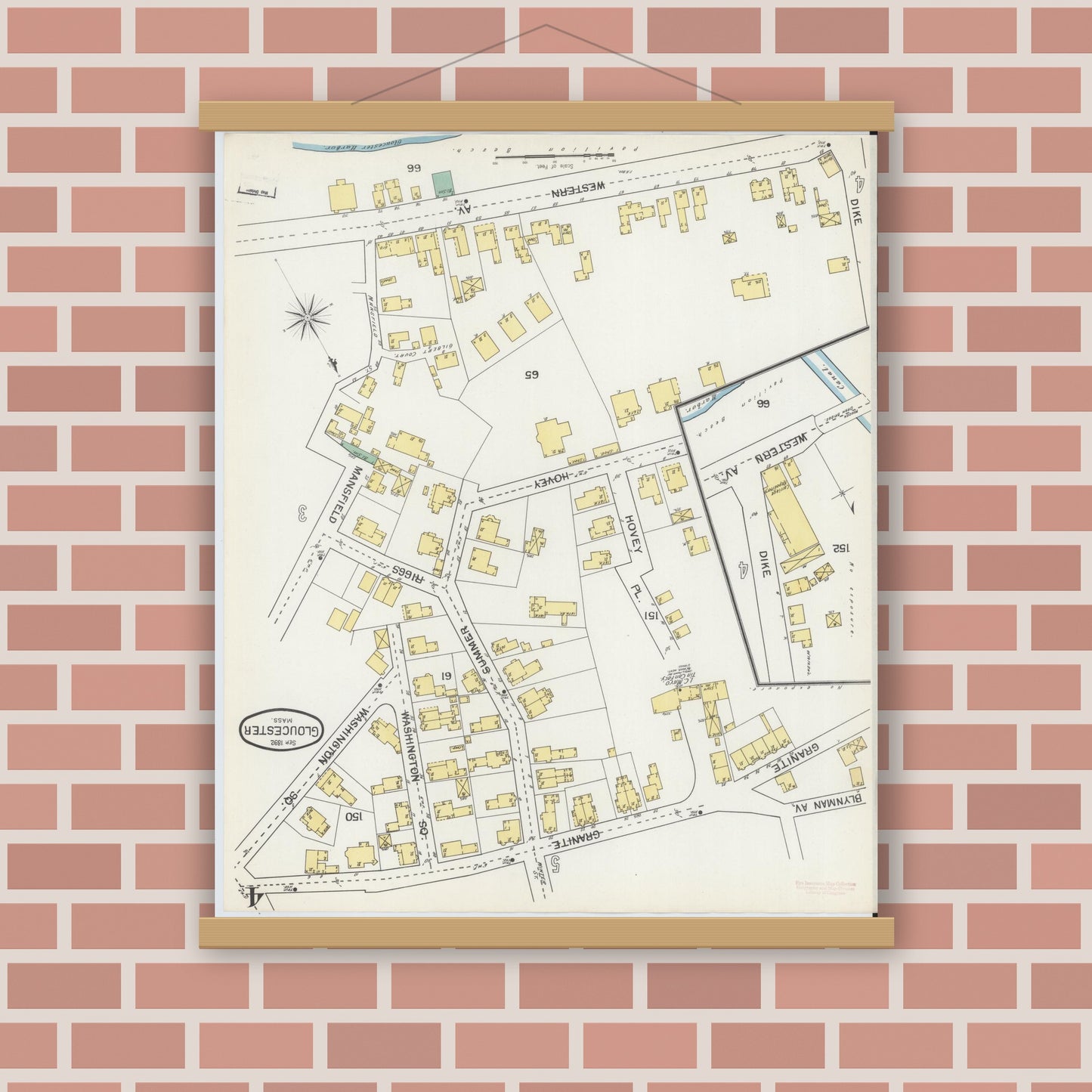 Old map wall art mockup — magnetic wood frame on brick wall — Sanborn Fire Insurance Map from Gloucester, Essex County, Massachusetts (1892), Sheet #0004