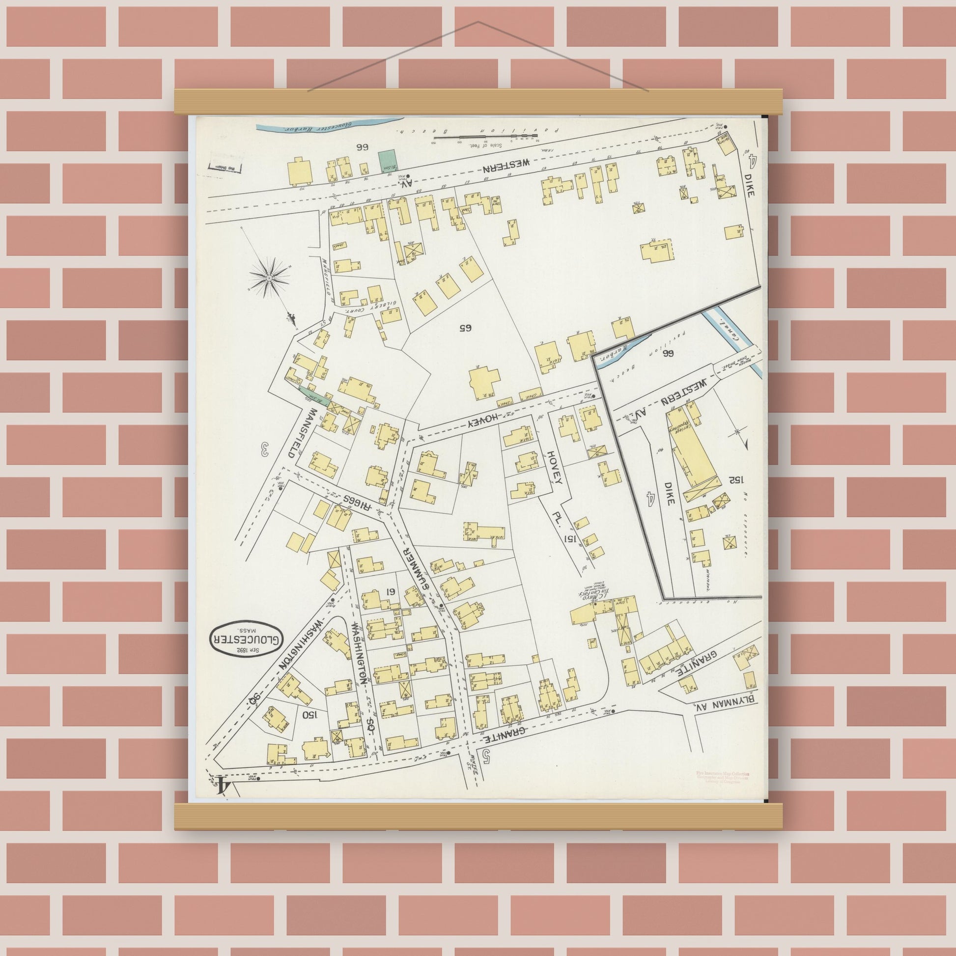 Old map wall art mockup — magnetic wood frame on brick wall — Sanborn Fire Insurance Map from Gloucester, Essex County, Massachusetts (1892), Sheet #0004