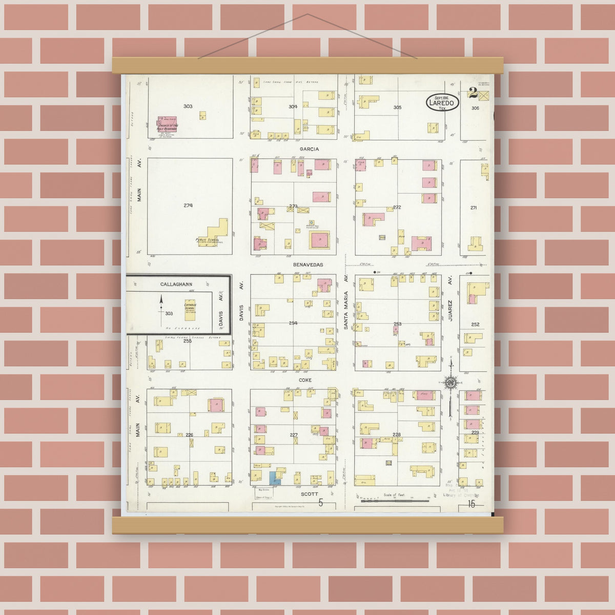 Old map wall art mockup — magnetic wood frame on brick wall — Sanborn Fire Insurance Map from Laredo, Webb County, Texas (1916), Sheet #0002