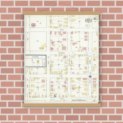 Old map wall art mockup — magnetic wood frame on brick wall — Sanborn Fire Insurance Map from Laredo, Webb County, Texas (1916), Sheet #0002