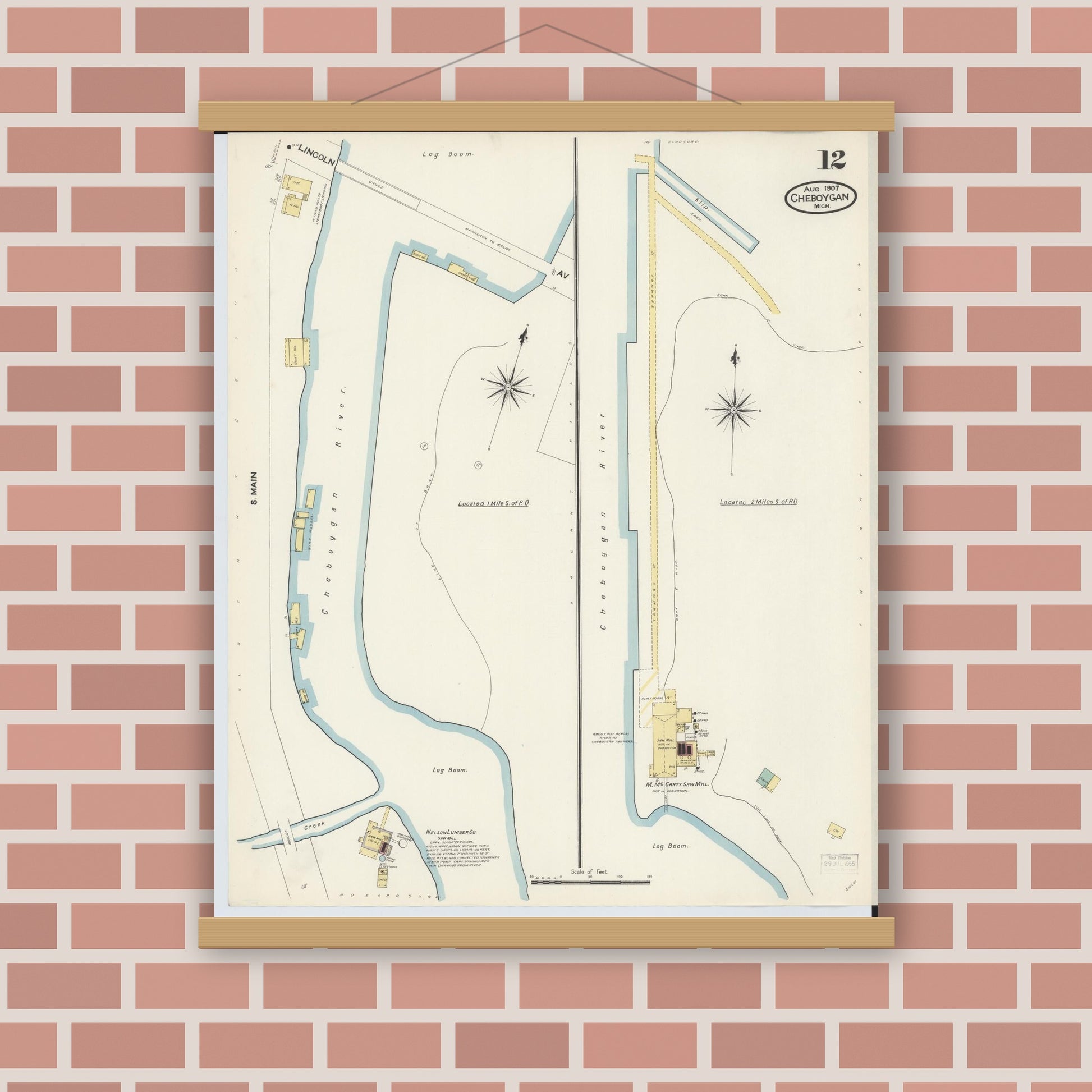 Old map wall art mockup — magnetic wood frame on brick wall — Sanborn Fire Insurance Map from Cheboygan, Cheboygan County, Michigan (1907), Sheet #0012