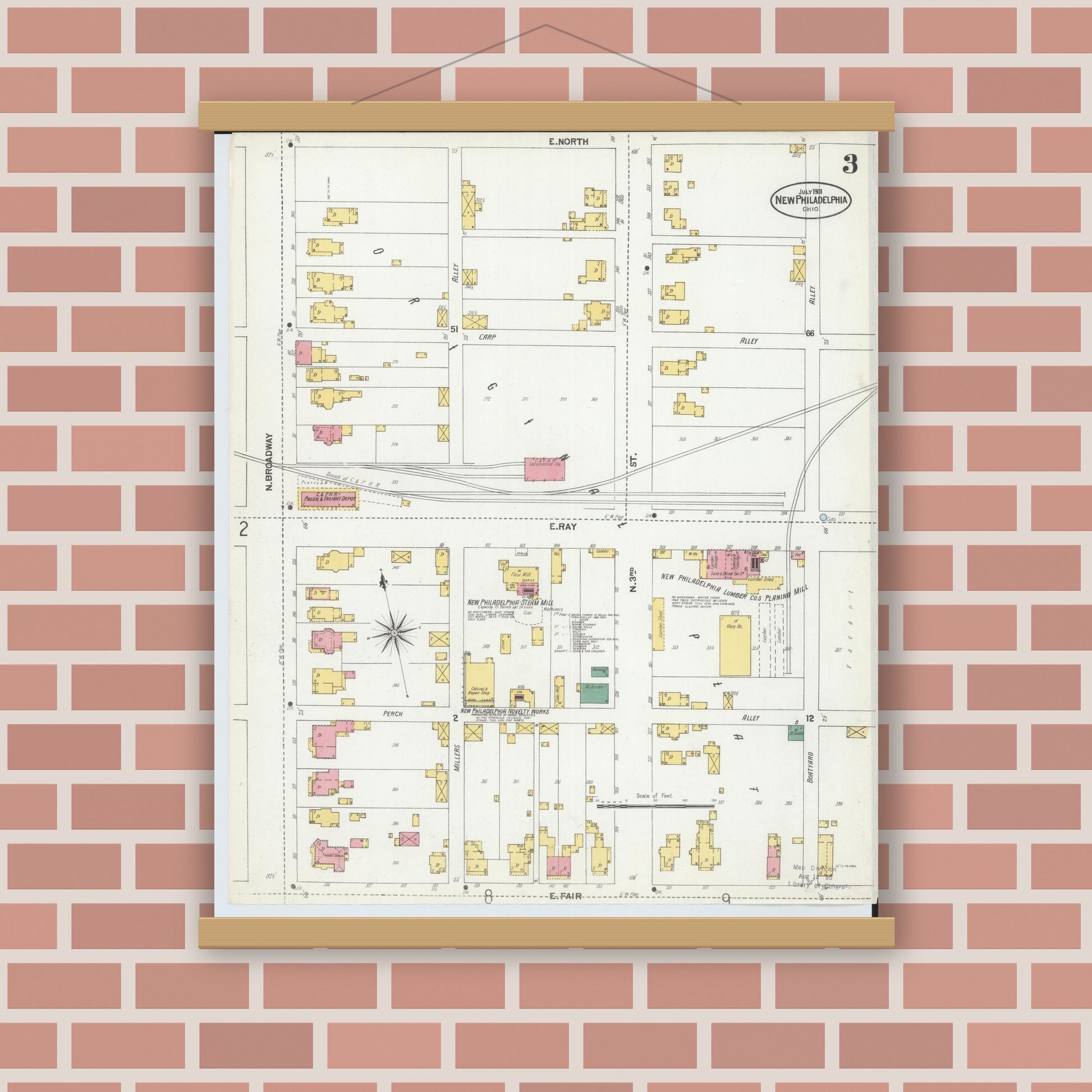 Old map wall art mockup — magnetic wood frame on brick wall — Sanborn Fire Insurance Map from New Philadelphia, Tuscarawas County, Ohio (1901), Sheet #0003