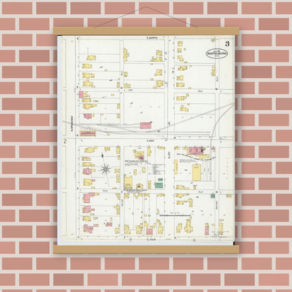 Old map wall art mockup — magnetic wood frame on brick wall — Sanborn Fire Insurance Map from New Philadelphia, Tuscarawas County, Ohio (1901), Sheet #0003