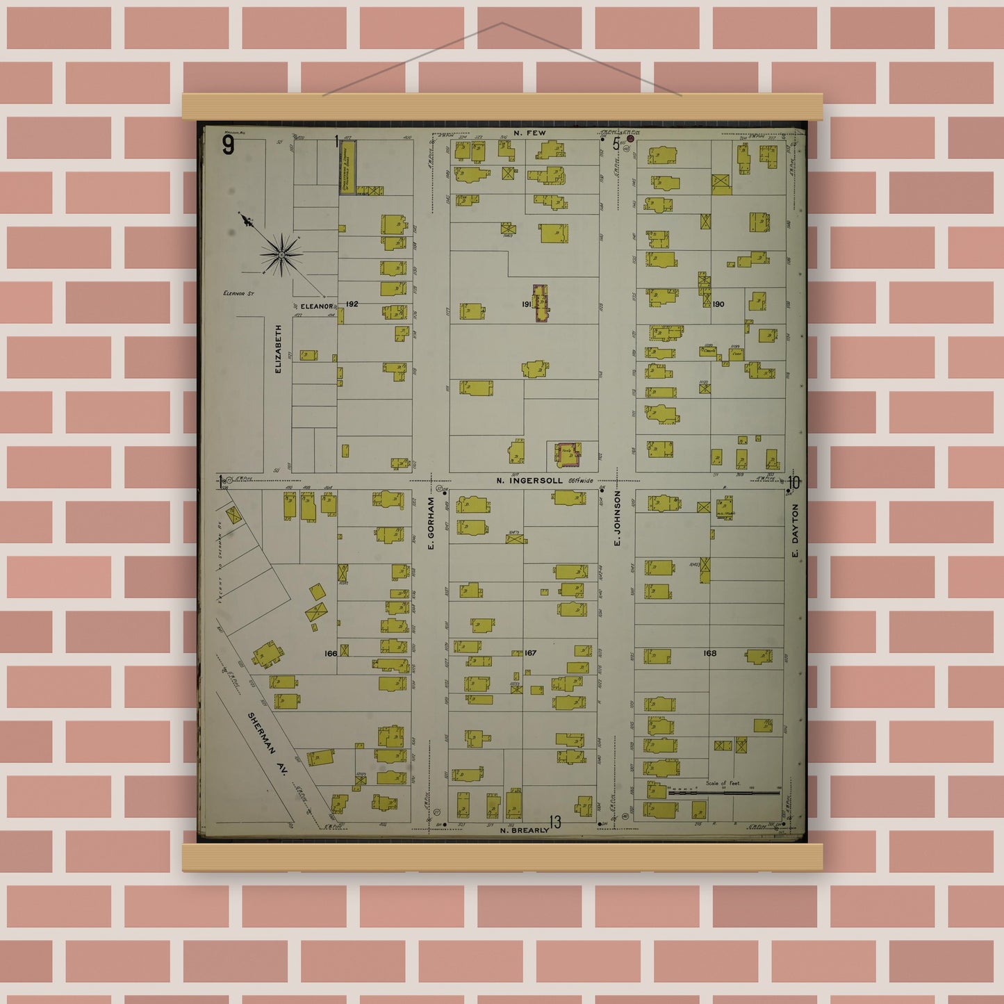 Old map wall art mockup — magnetic wood frame on brick wall — Sanborn Fire Insurance Map from Madison, Dane County, Wisconsin (1908), Sheet #0009