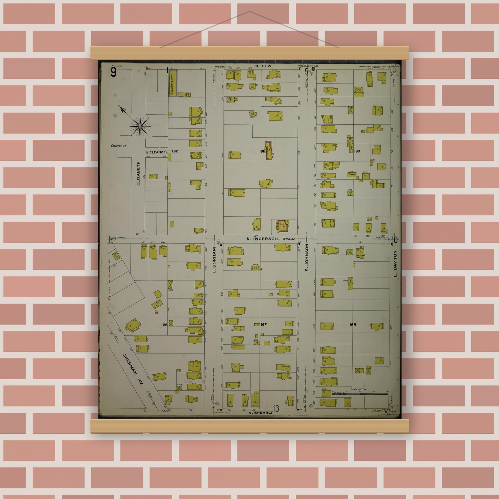 Old map wall art mockup — magnetic wood frame on brick wall — Sanborn Fire Insurance Map from Madison, Dane County, Wisconsin (1908), Sheet #0009