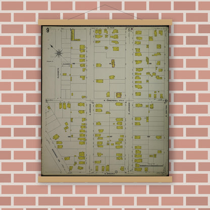 Old map wall art mockup — magnetic wood frame on brick wall — Sanborn Fire Insurance Map from Madison, Dane County, Wisconsin (1908), Sheet #0009