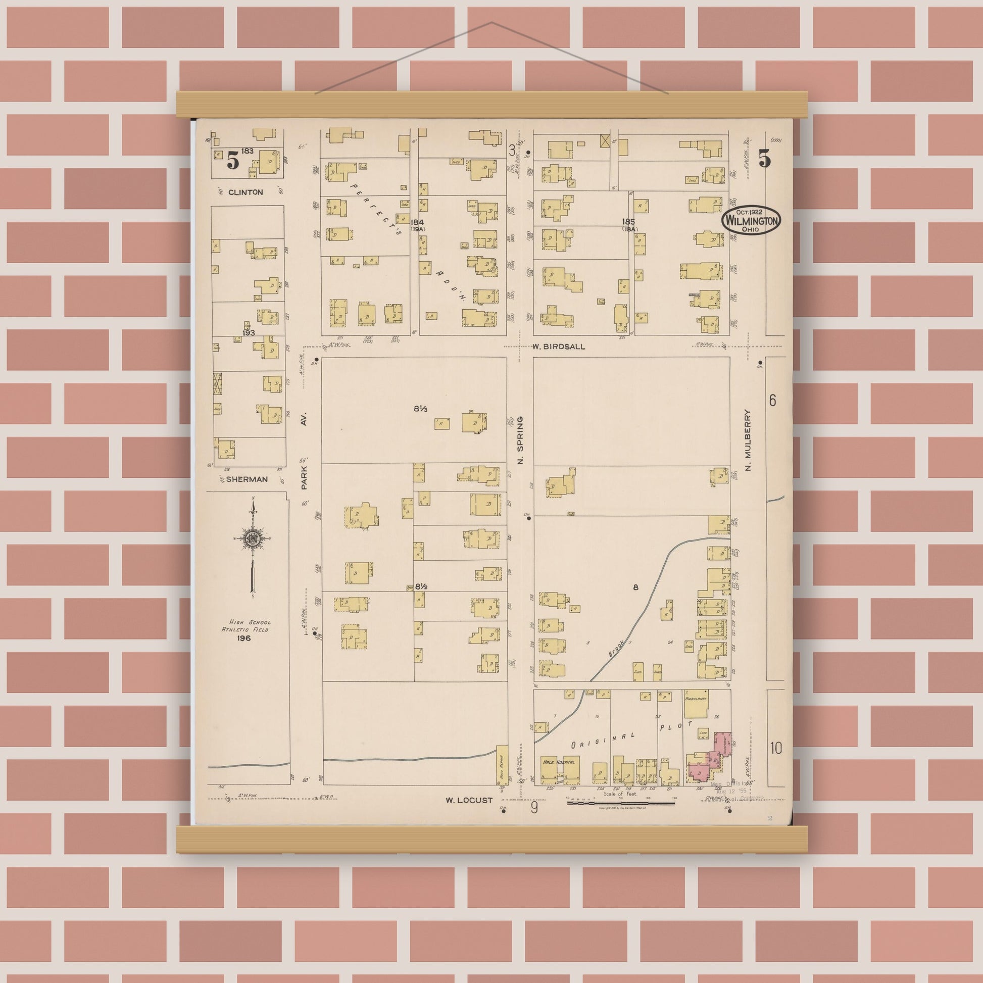 Old map wall art mockup — magnetic wood frame on brick wall — Sanborn Fire Insurance Map from Wilmington, Clinton County, Ohio (1922), Sheet #0005