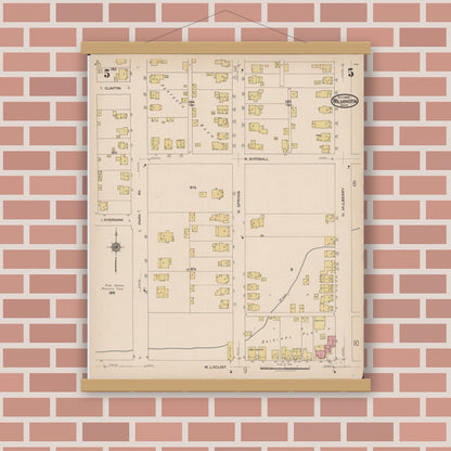 Old map wall art mockup — magnetic wood frame on brick wall — Sanborn Fire Insurance Map from Wilmington, Clinton County, Ohio (1922), Sheet #0005